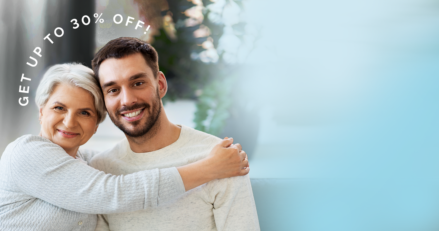 OIder white, short hared Mom and son with dark hair and scruffy beard, both wearing white long sleeve shirts, with a blurry background that fades to blue to the right. Get up to 30% Off is highlighted as the current promotion.