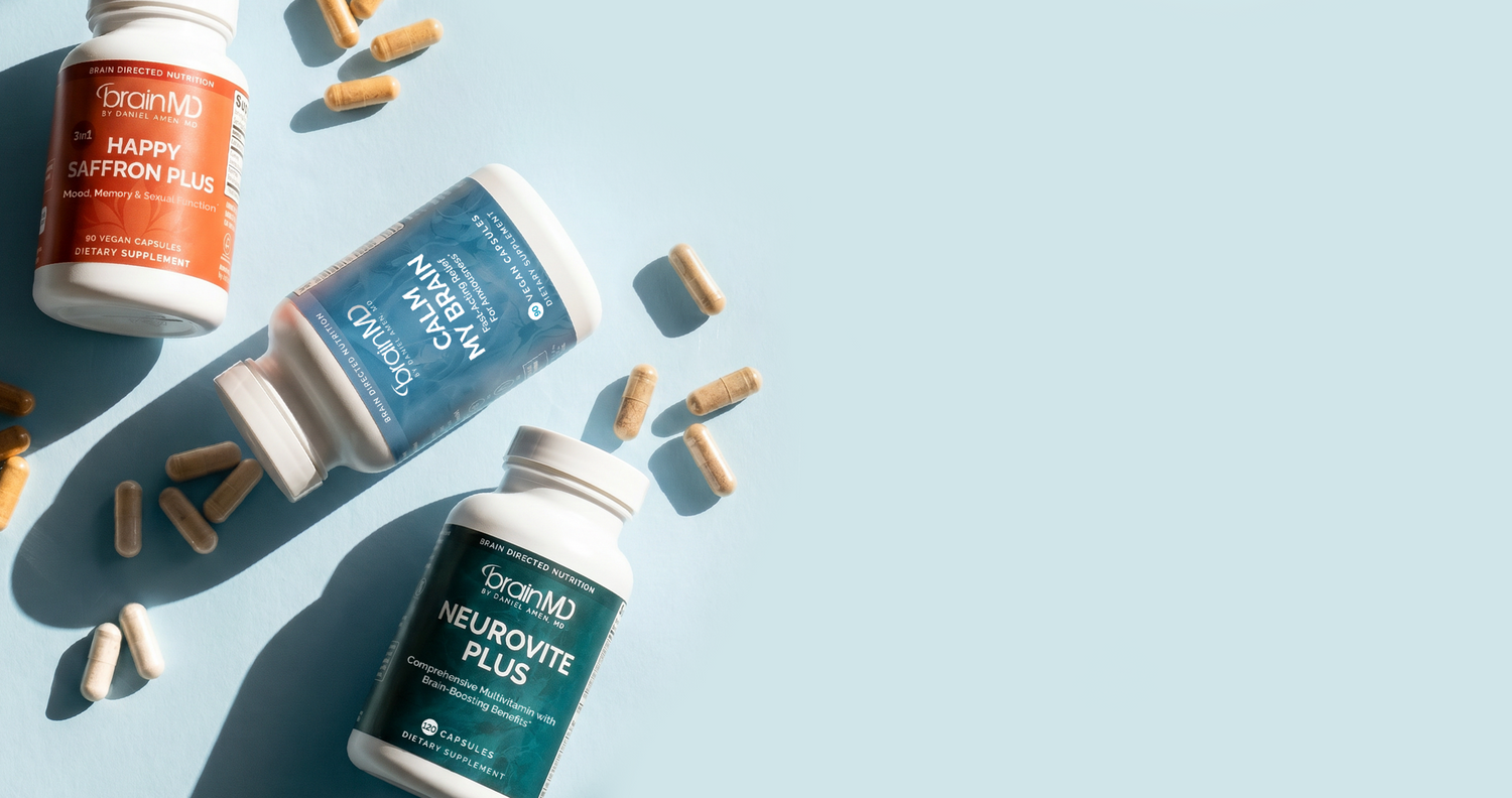 Prime Day Sale: Image of various supplement bottles and capsules from BrainMD on a light blue background.