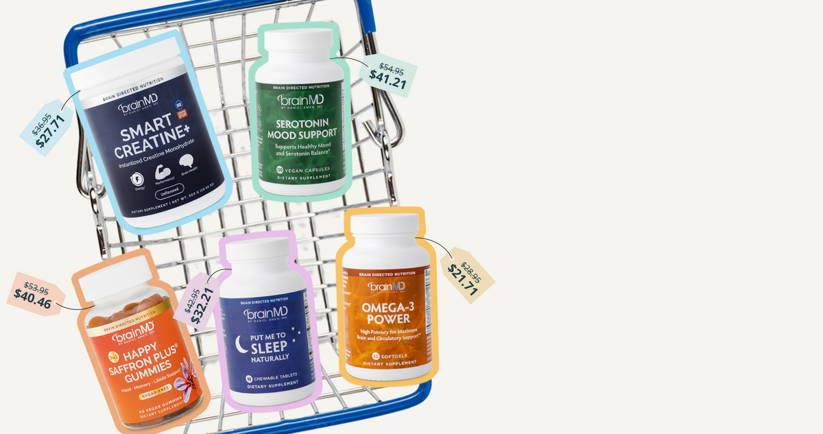 Prime Day sale: BrainMD supplements in a blue shopping basket with sale price tags