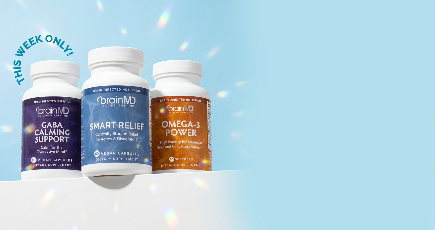 Three supplement bottles from BrainMD on a light blue background with decorative elements.
