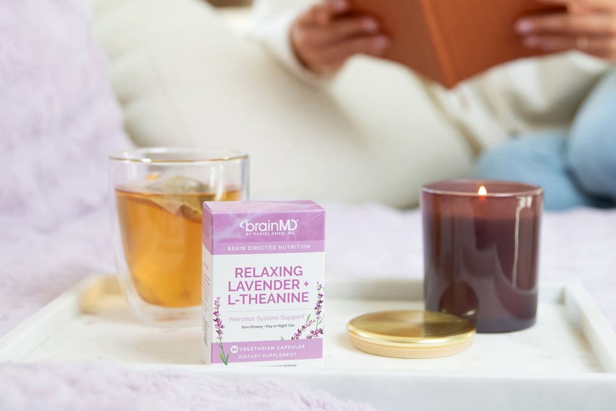 image of Relaxing Lavender + L-Theanine supplement packaging
