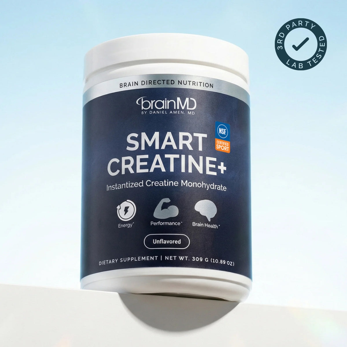 BrainMD Smart Creatine+ creatine monohydrate tub with third-party lab tested badge, NSF Certified for Sport