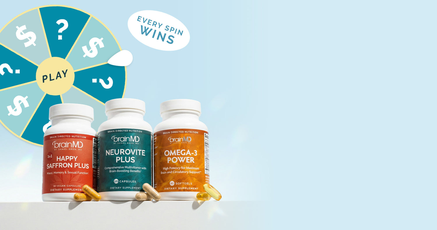 Three BranMD supplement bottles on a white surface against a light blue background, with a teal and yellow play wheel graphic and a white speech bubble reading 'EVERY SPIN WINS' on the left.