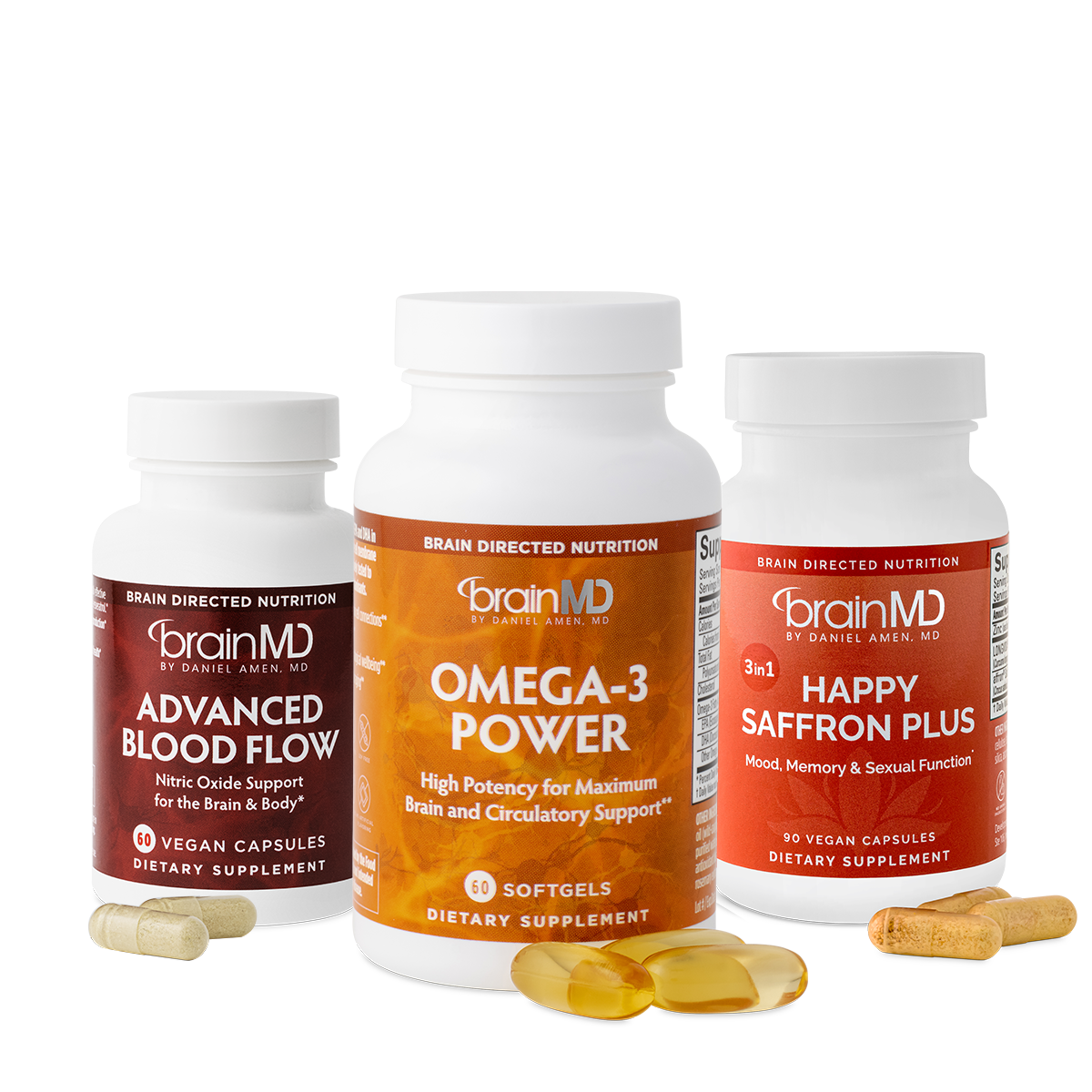 BrainMD 3-in-1 Brain Performance Bundle: 3 supplement bottles of different colors against a transparent background