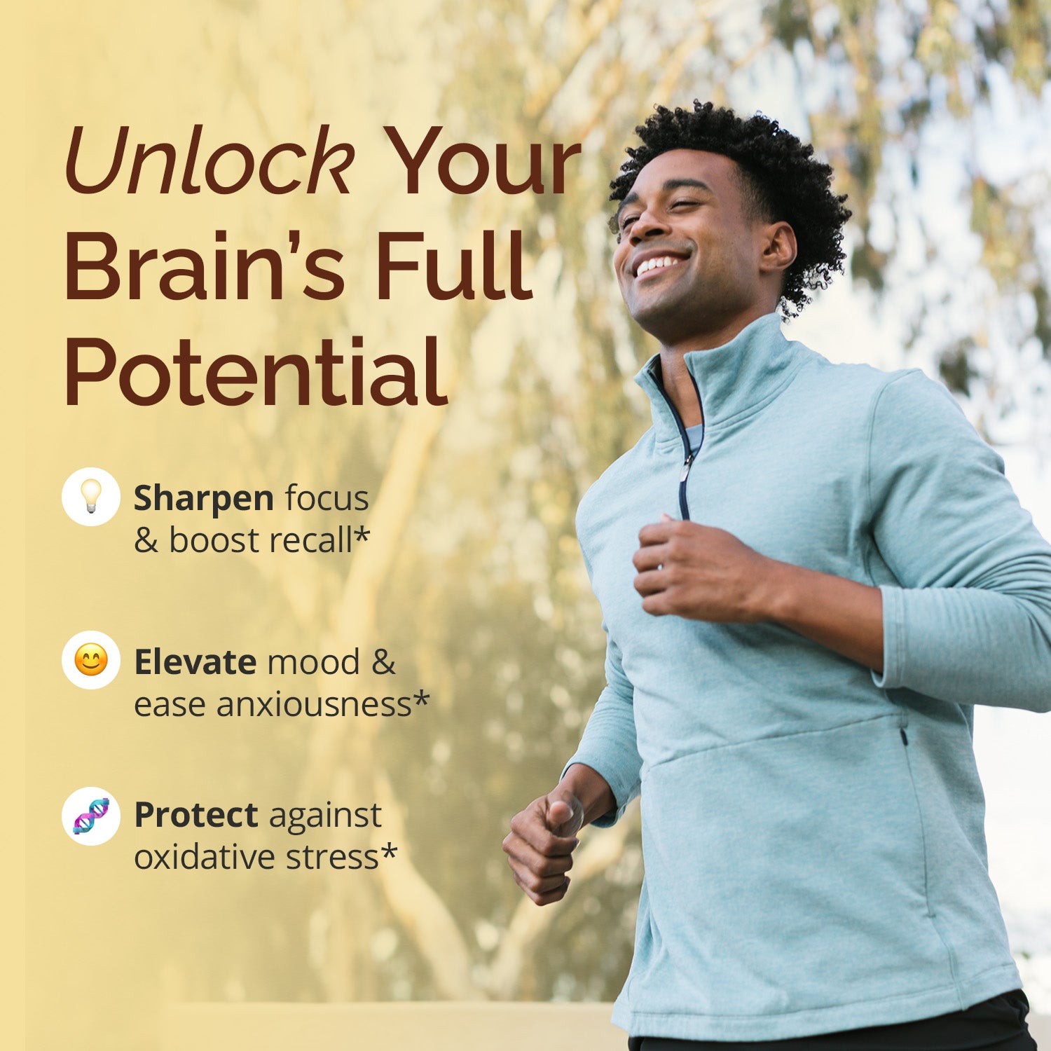 BrainMD 3-in-1 Brain Performance Bundle: infographic, jogging man next to brief list of benefits of the product 