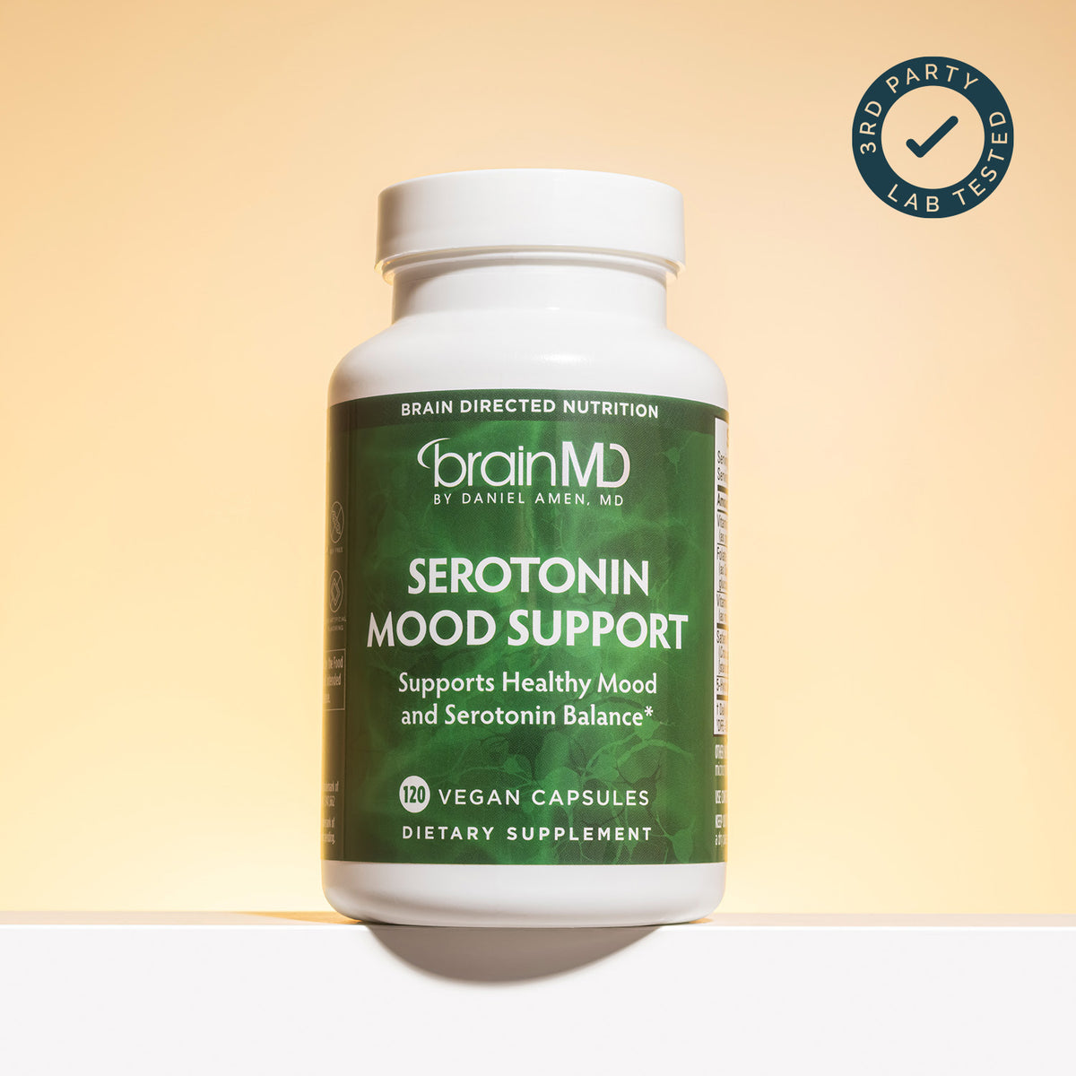 BrainMD Serotonin Mood Support supplement bottle with third-party lab tested badge, independently tested by Intertek