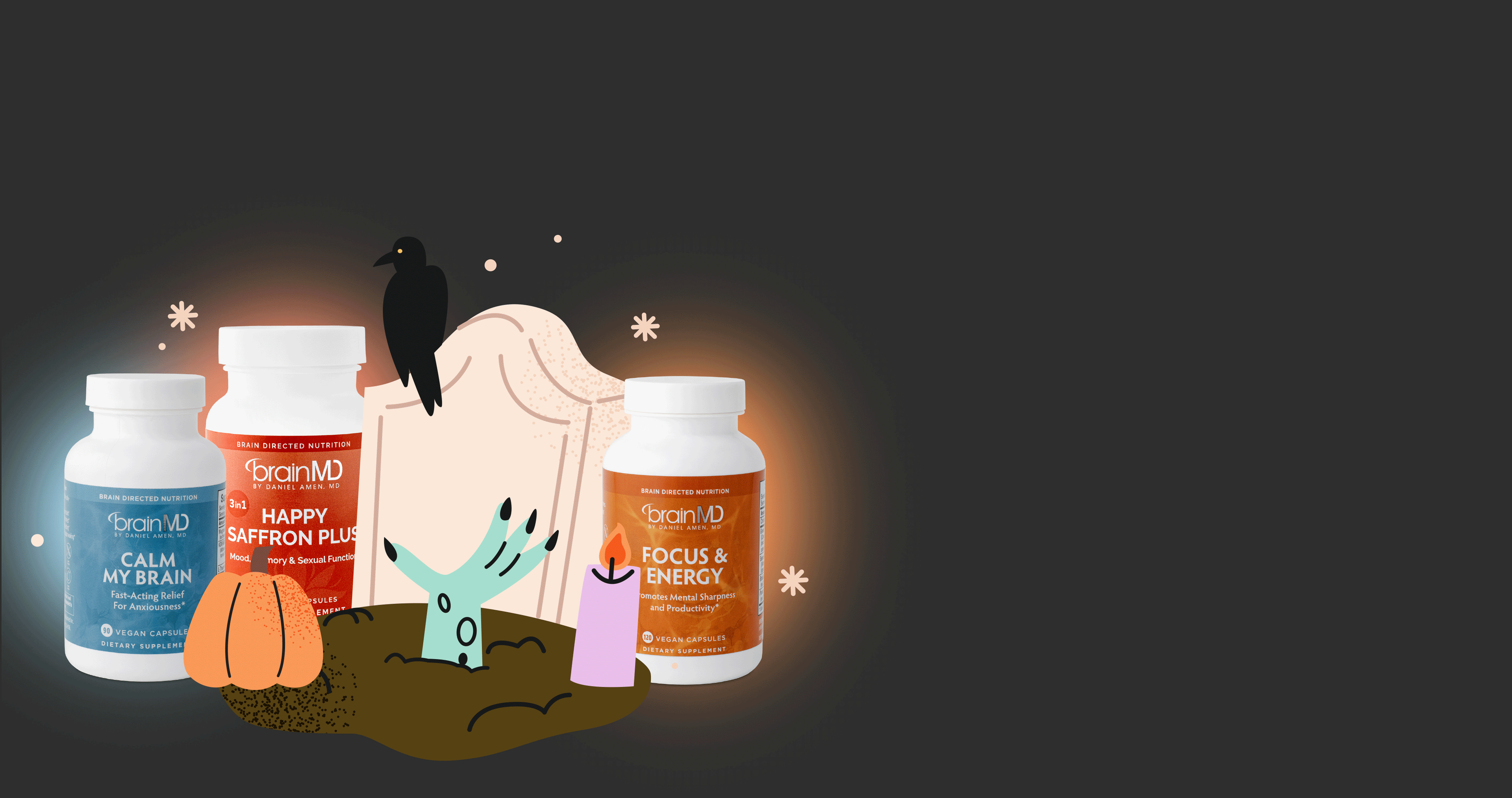 BrainMD supplements beside a zombie hand rising from a grave for Halloween