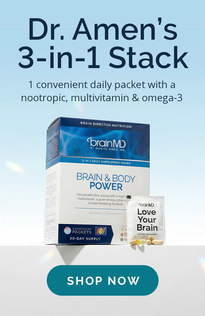 Dr. Amen's 3-in-1 Stack: Brain & Body Power daily packets with a nootropic, multivitamin and omega-3