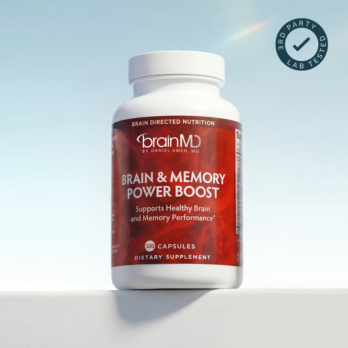 BrainMD Brain & Memory Power Boost supplement bottle with third-party lab tested badge, independently tested by Intertek