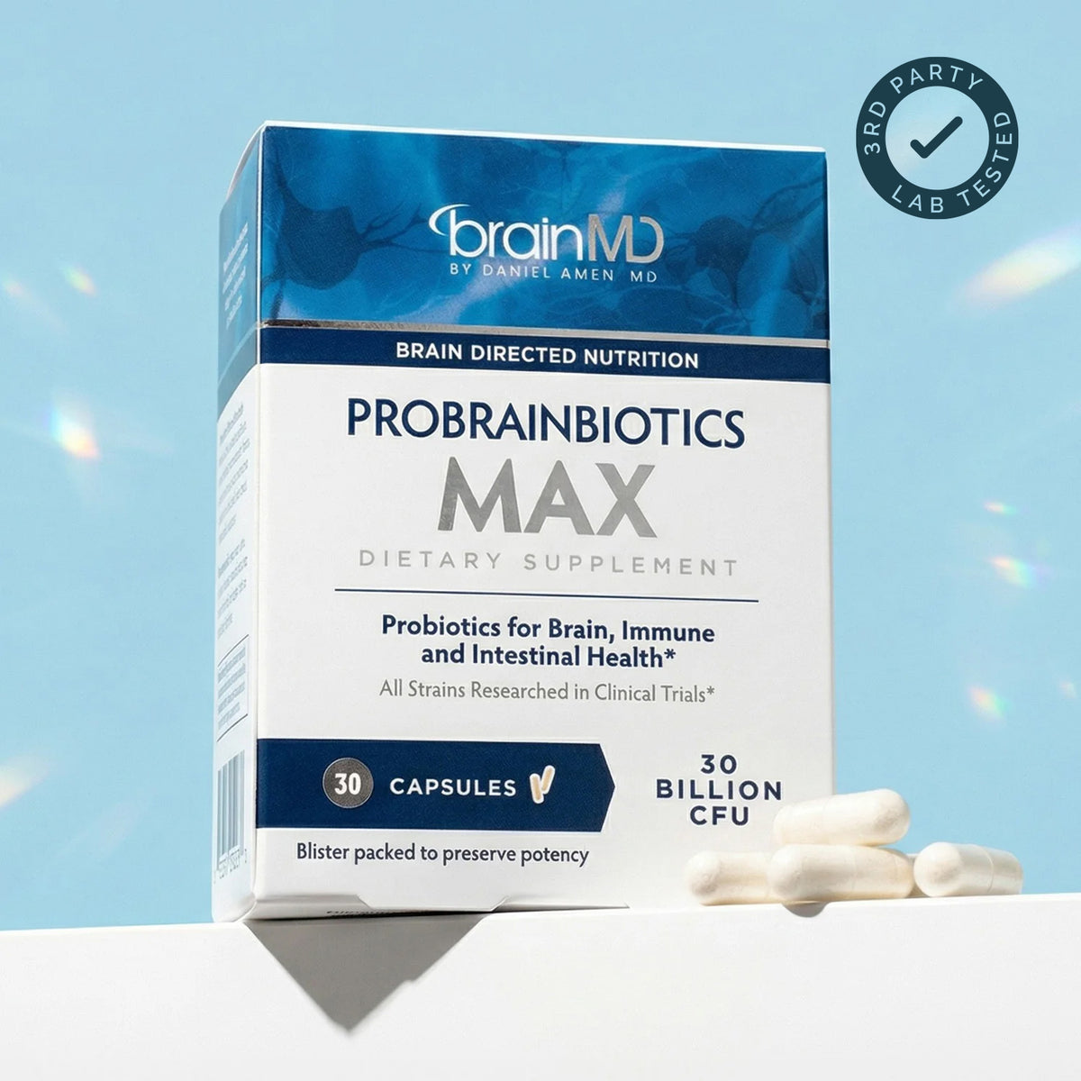 BrainMD ProBrainBiotics MAX probiotic box and capsules with third-party lab tested badge, independently tested by Intertek