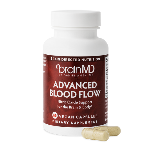 BrainMD Advanced Blood Flow: supplement bottle with sample capsules against a transparent background