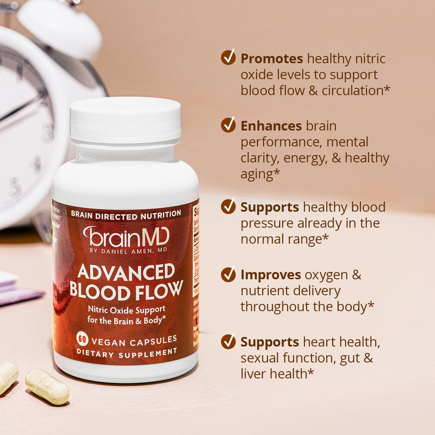 BrainMD Advanced Blood Flow: infographic, image of supplement bottle next to brief phrases highlighting benefits