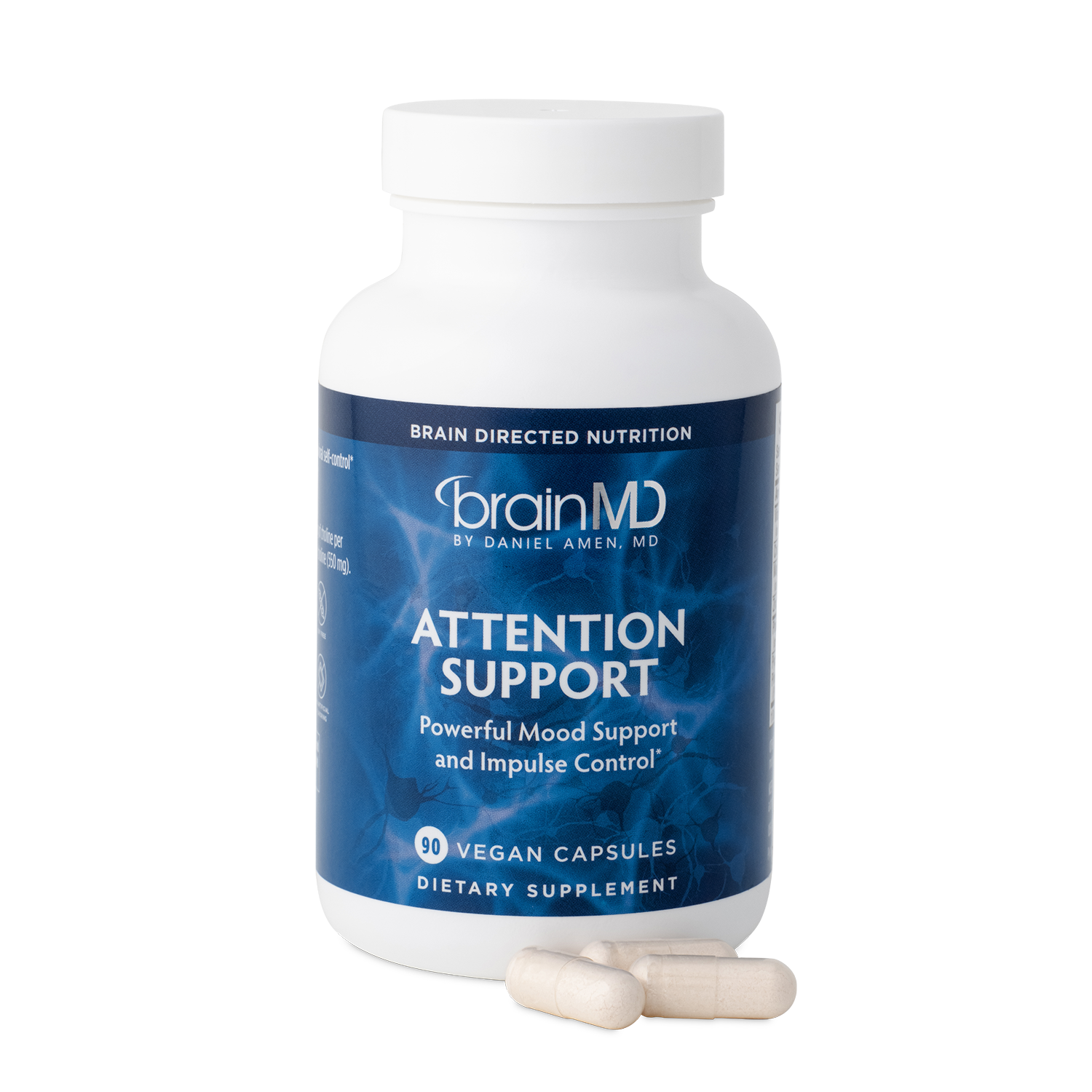 BrainMD Attention Support: supplement bottle with sample capsules in front of a transparent background