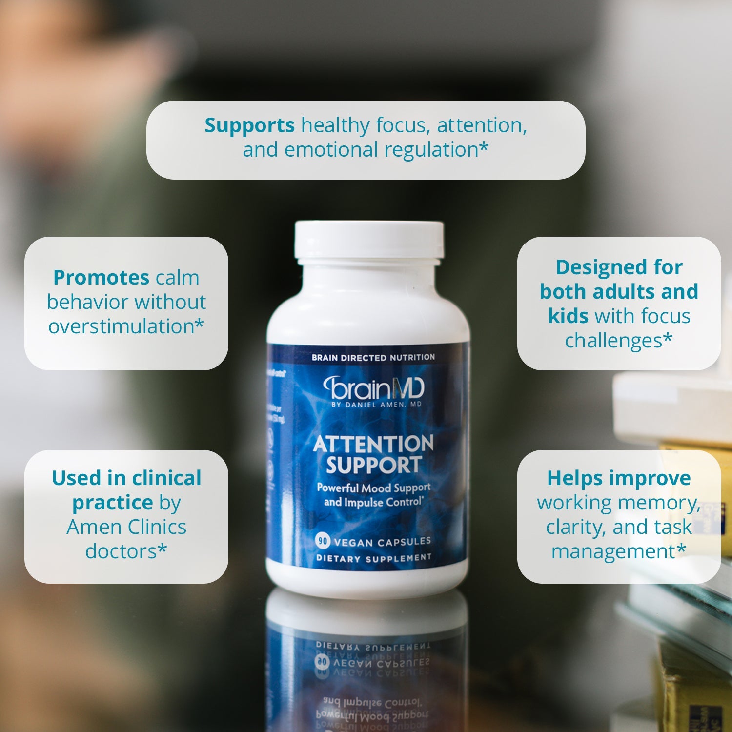 BrainMD Attention Support: infographic, a supplement bottle with text highlighting benefits against a blurred background