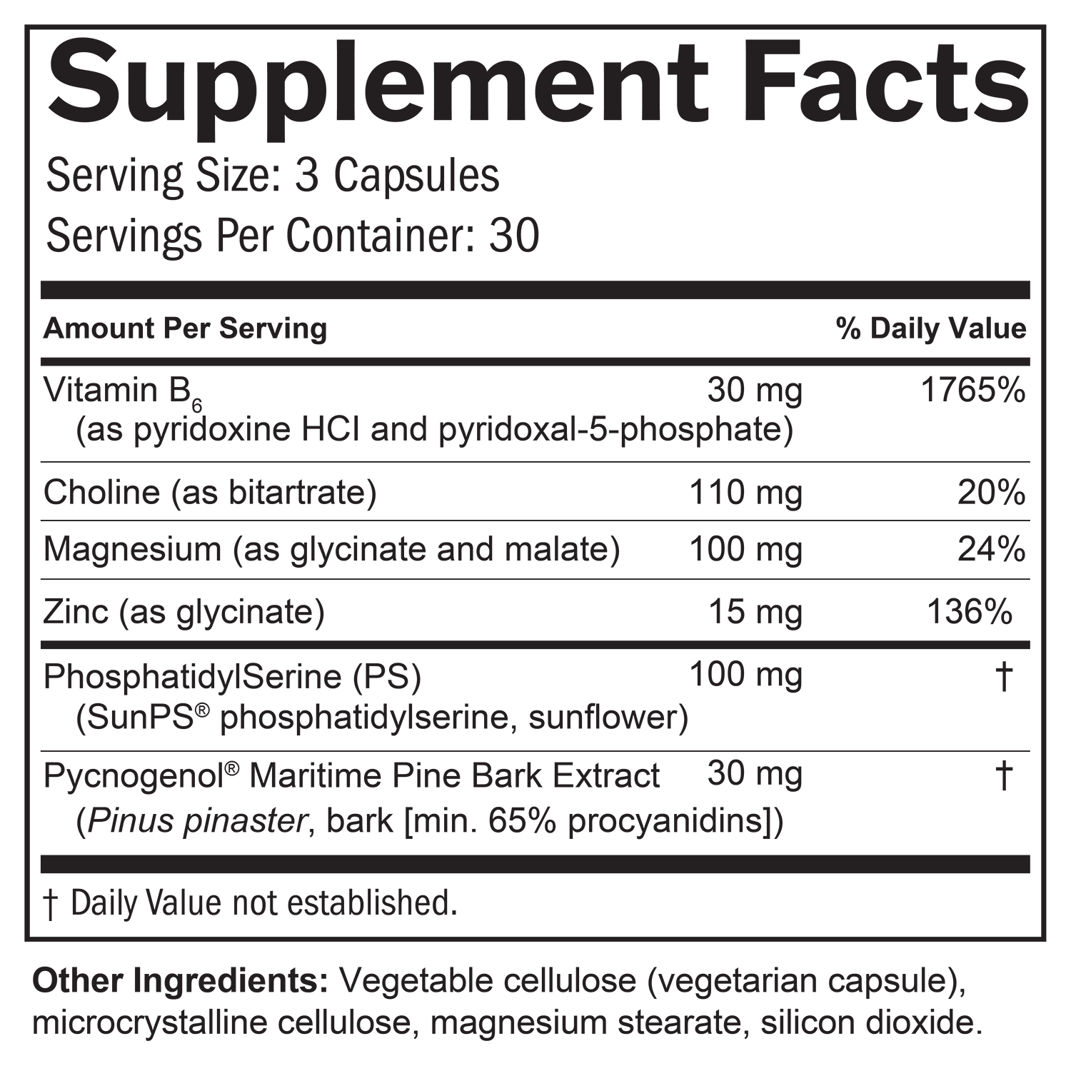 BrainMD's Attention Support supplement facts label with detailed nutritional information on a white background
