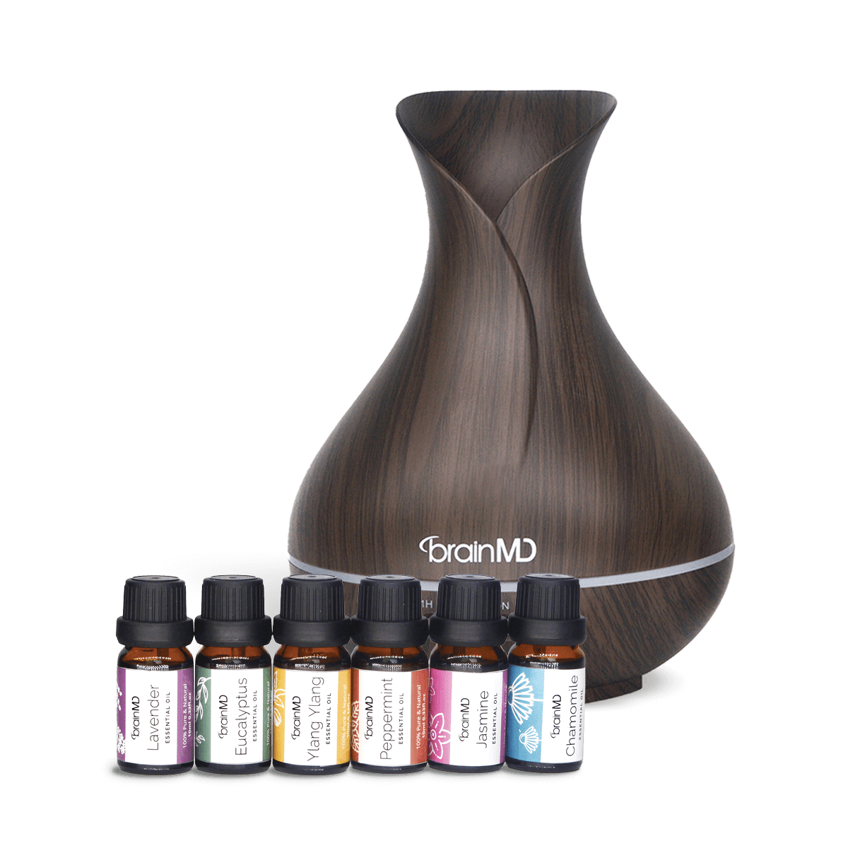 BRIGHT MINDS Diffuser with 6 essential oils bottles against a transparent background.