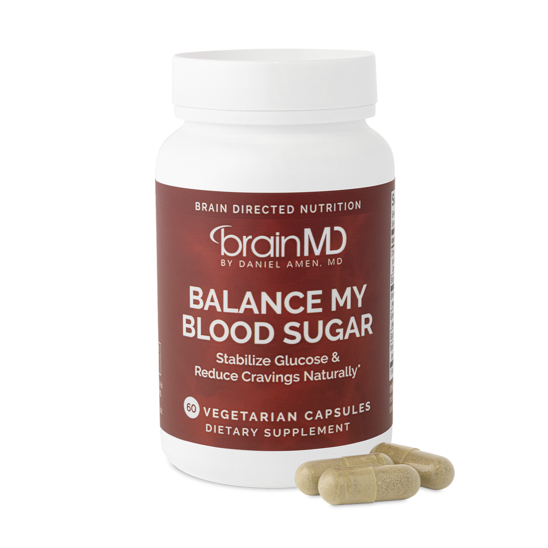 BrainMD Balance My Blood Sugar: brown supplement bottle with capsules against a transparent background