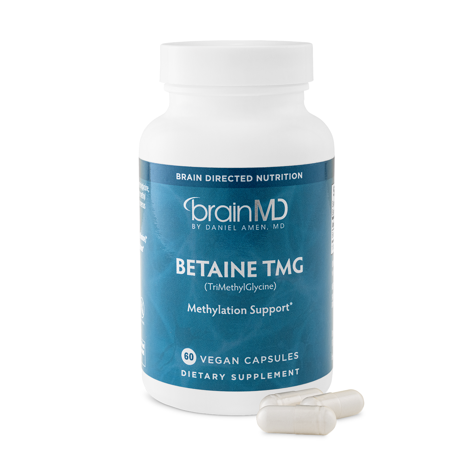 BrainMD Betaine TMG: blue supplement bottle with capsules at the base against a transparent background