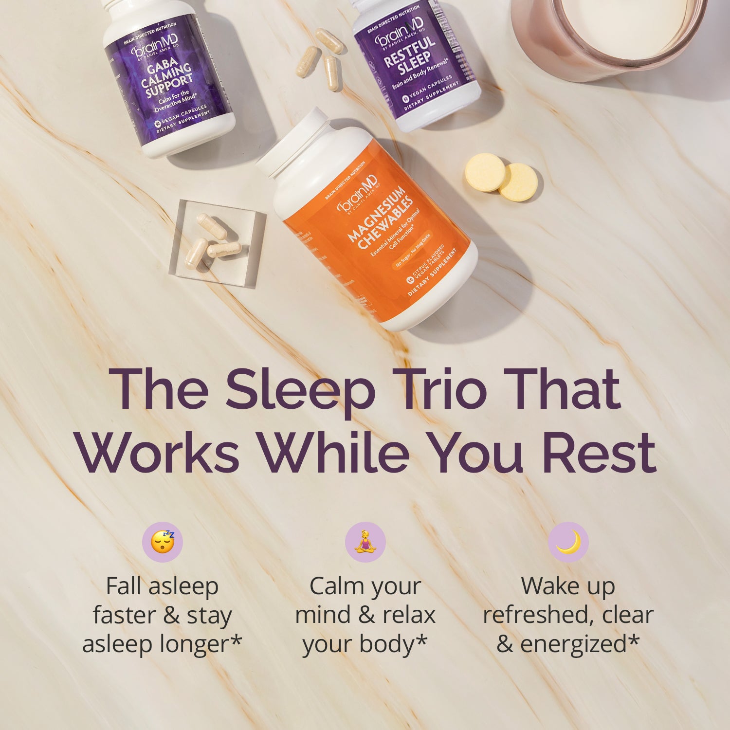 Infographic - various bottles and capsules above the benefits of a Sleep Trio.
