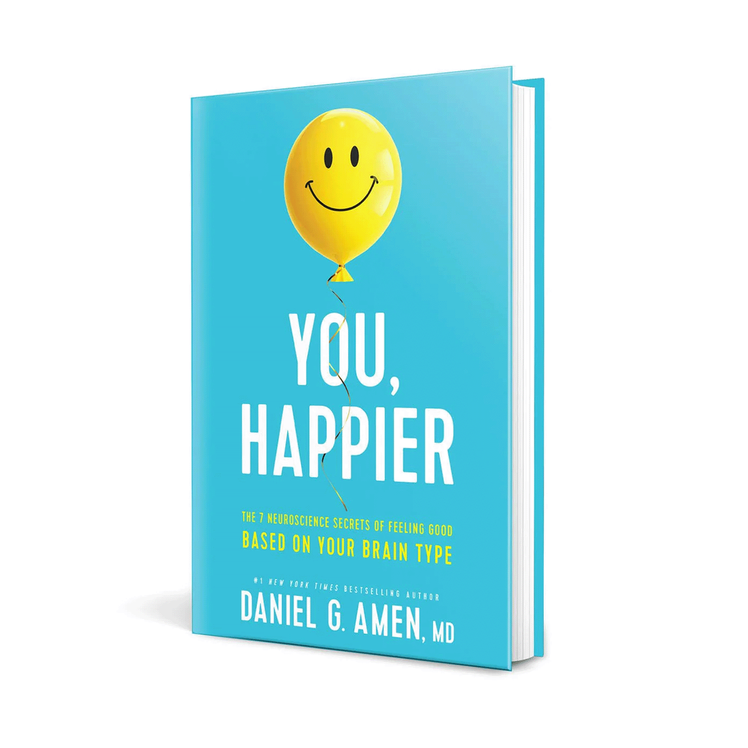 Sky blue book with yellow balloon with a smiley face on the cover against a white background.