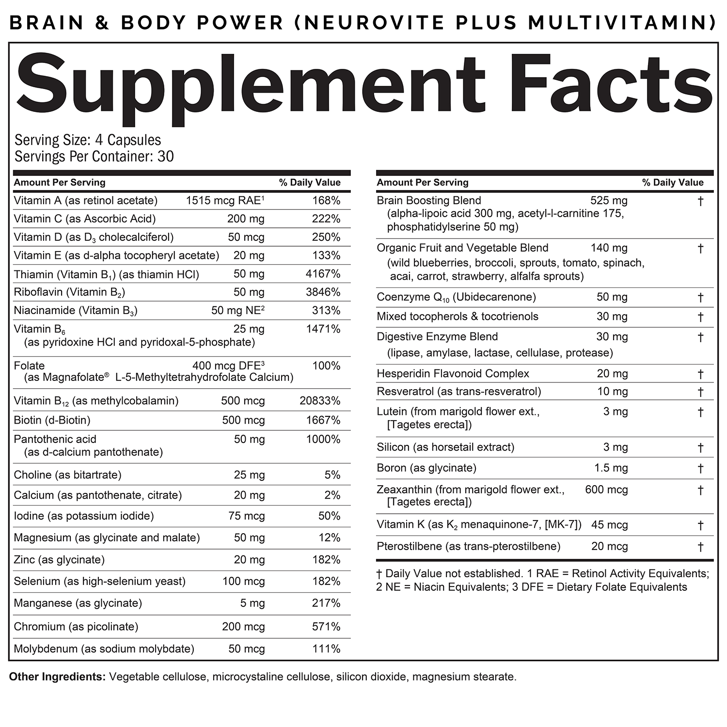 BrainMD Brain & Body Power (NeuroVite Plus Multivitamin): infographic, supplement facts box