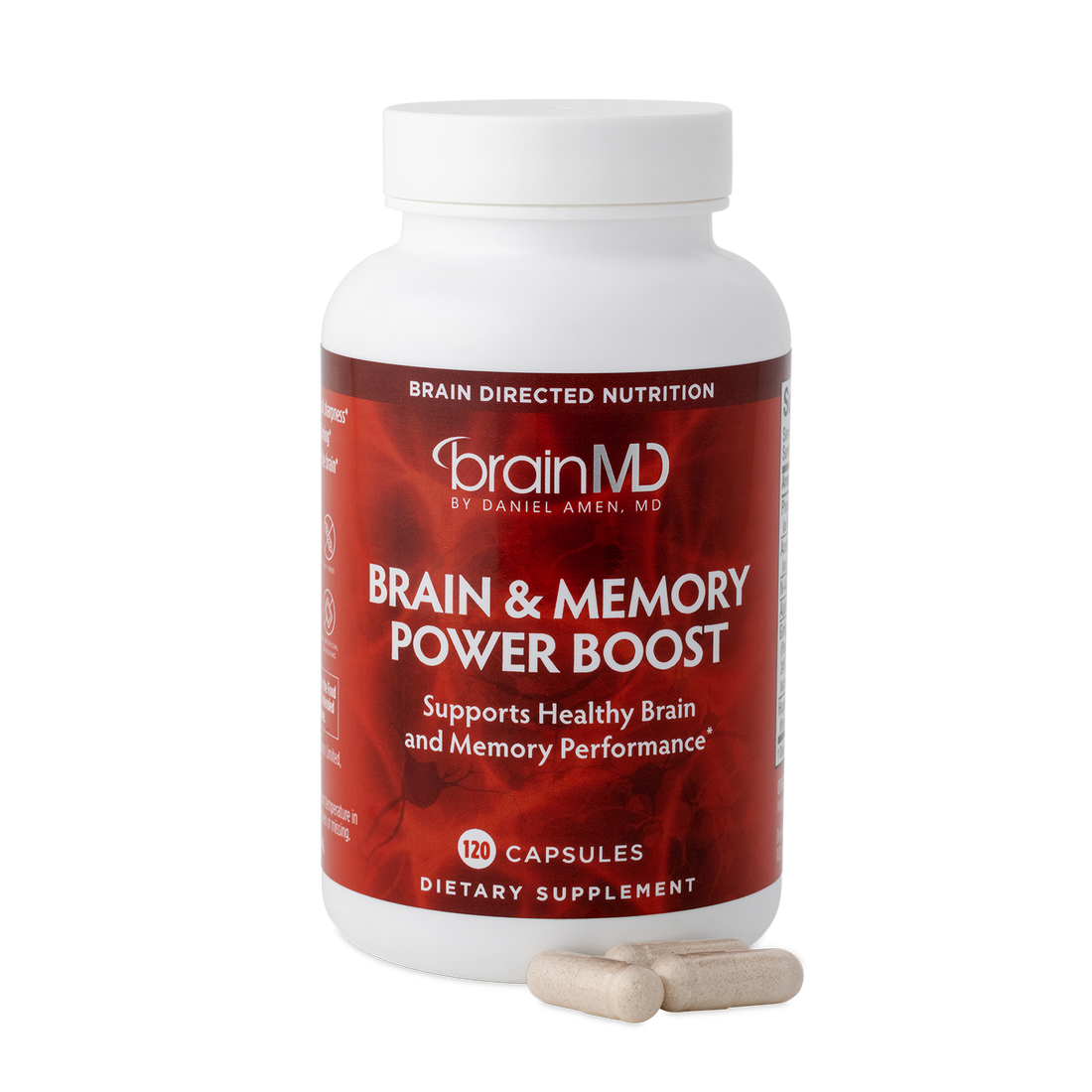 BrainMD Brain & Memory Power Boost: front of red supplement bottle and capsules against a transparent background