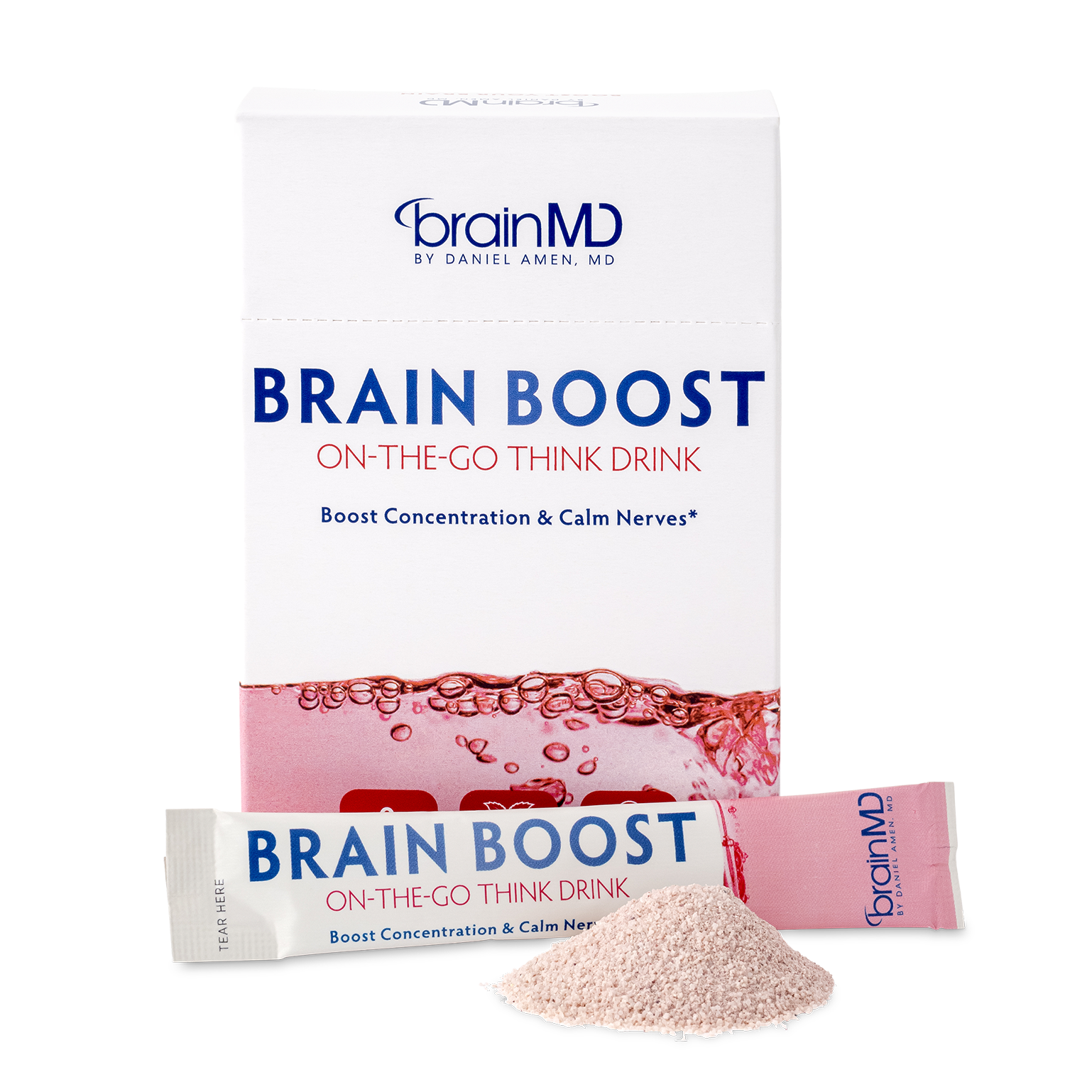 BrainMD Brain Boost On-The-Go: pink and white supplement box, packet and powder at the base, against a transparent background
