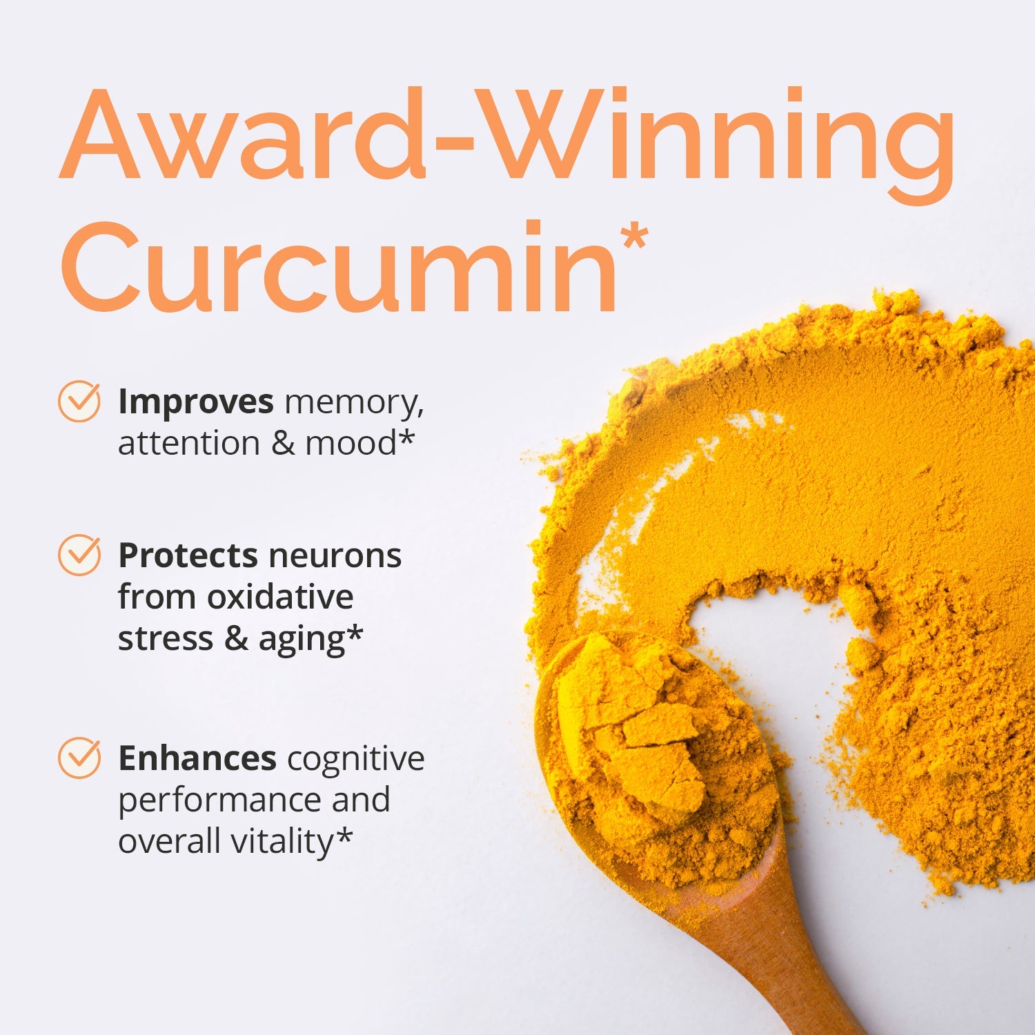 BrainMD Brain Curcumins: infographic, golden powder in wooden spoon next to phrases highlighting product benefits