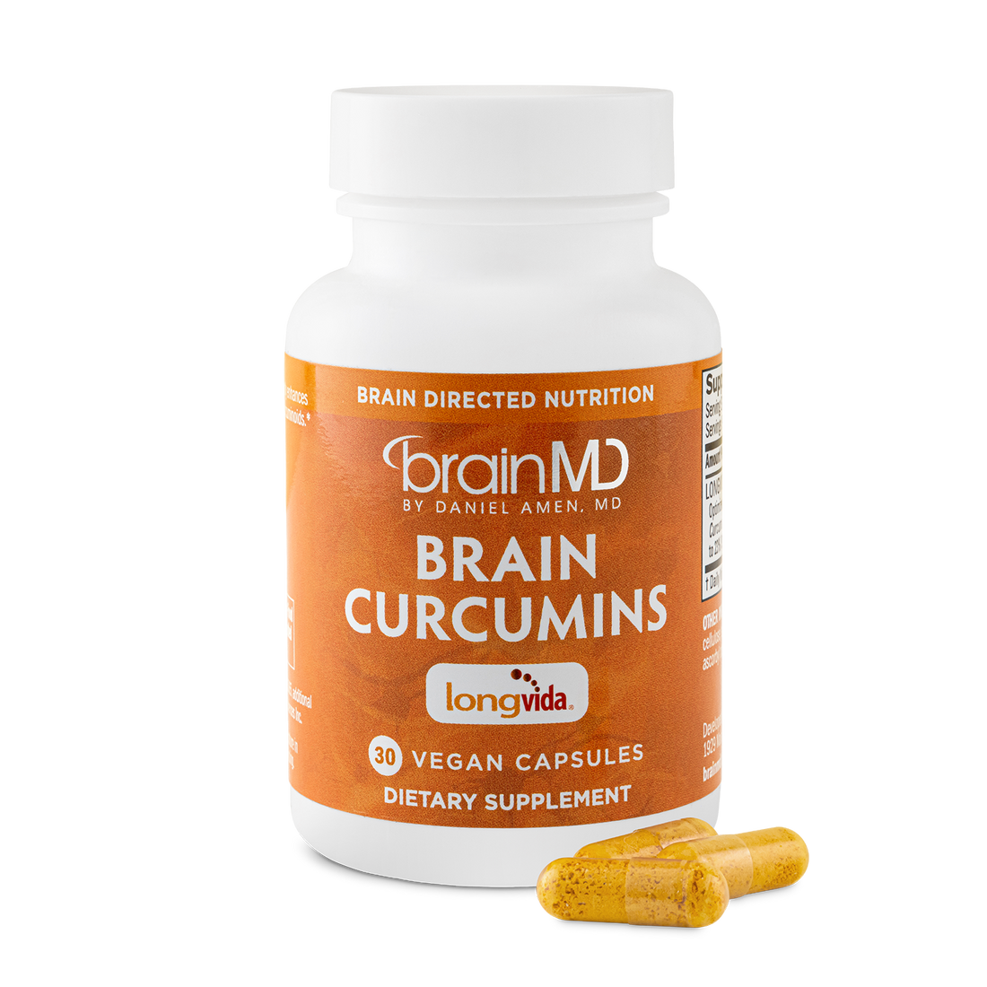 BrainMD Brain Curcumins: image of orange bottle and three yellow capsules at its base with transparent background