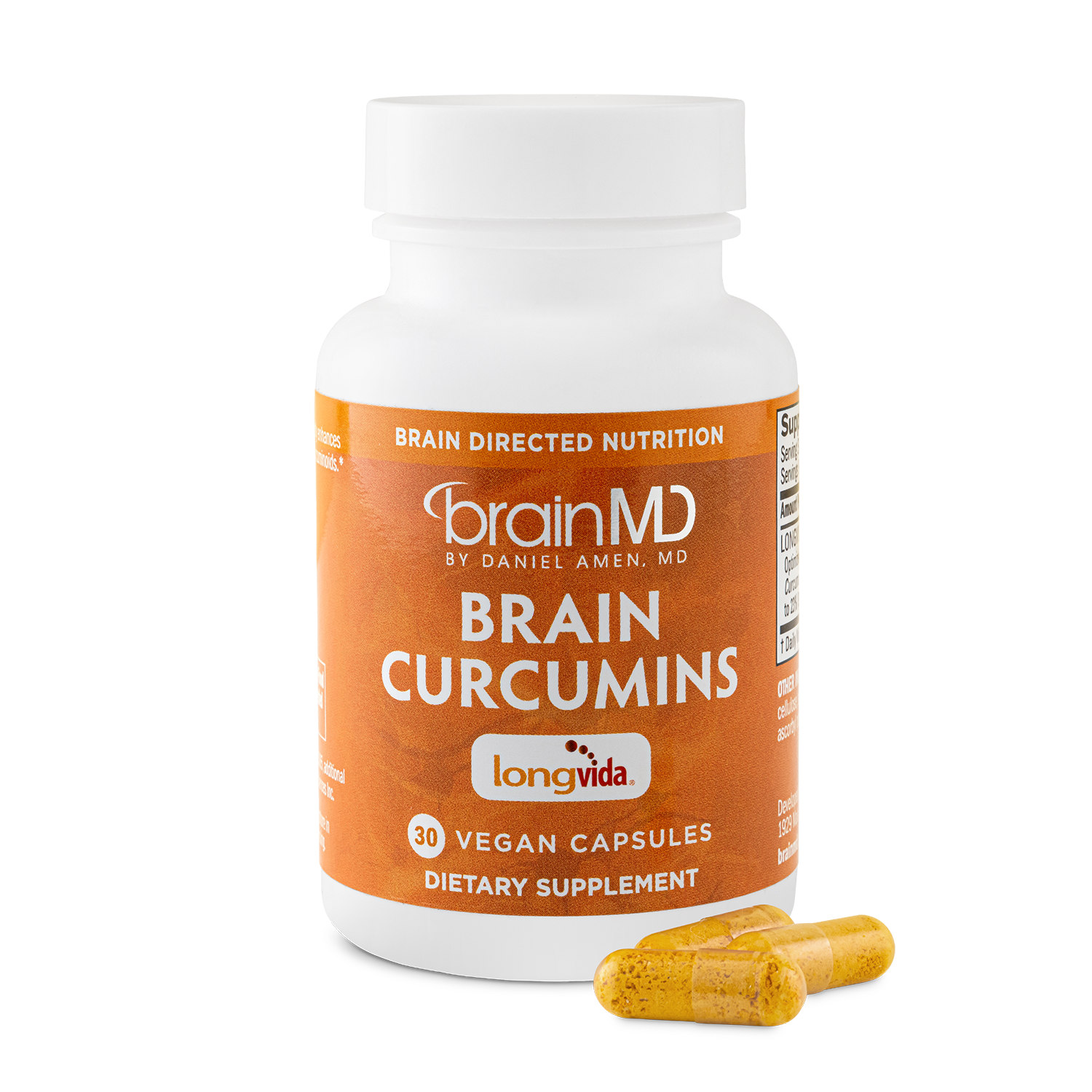 BrainMD Brain Curcumins: image of orange bottle and three yellow capsules at its base with transparent background