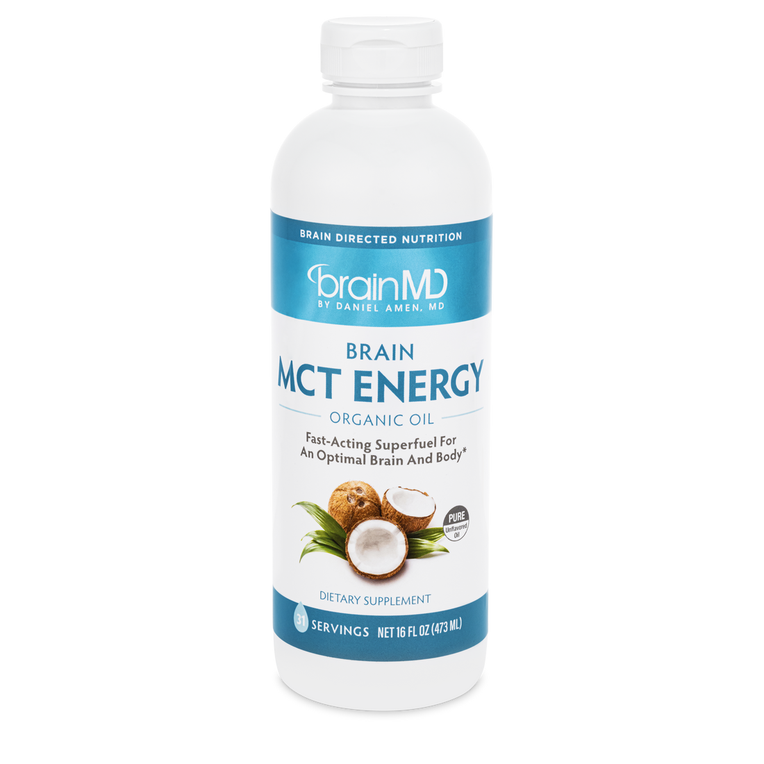 BrainMD Brain MCT Energy: blue and white supplement bottle against a transparent background