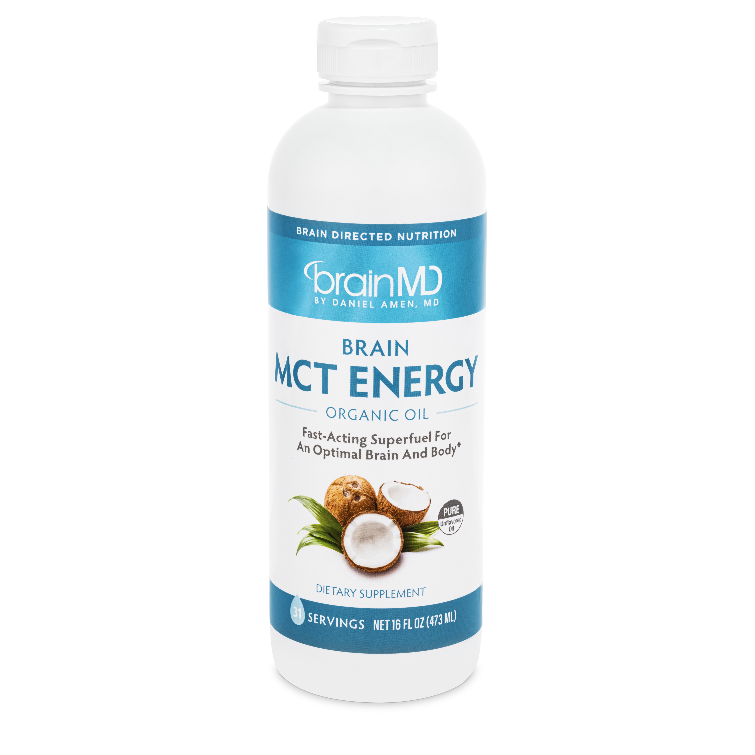 BrainMD Brain MCT Energy: blue and white supplement bottle against a transparent background