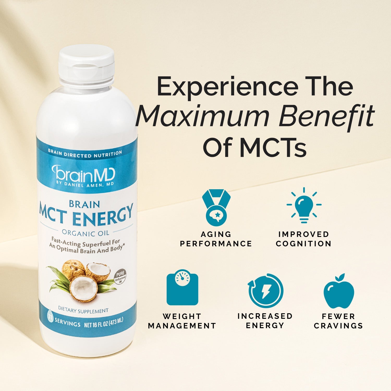 BrainMD Brain MCT Energy: infographic, blue and white supplement bottle next to benefit icons with cream-colored background