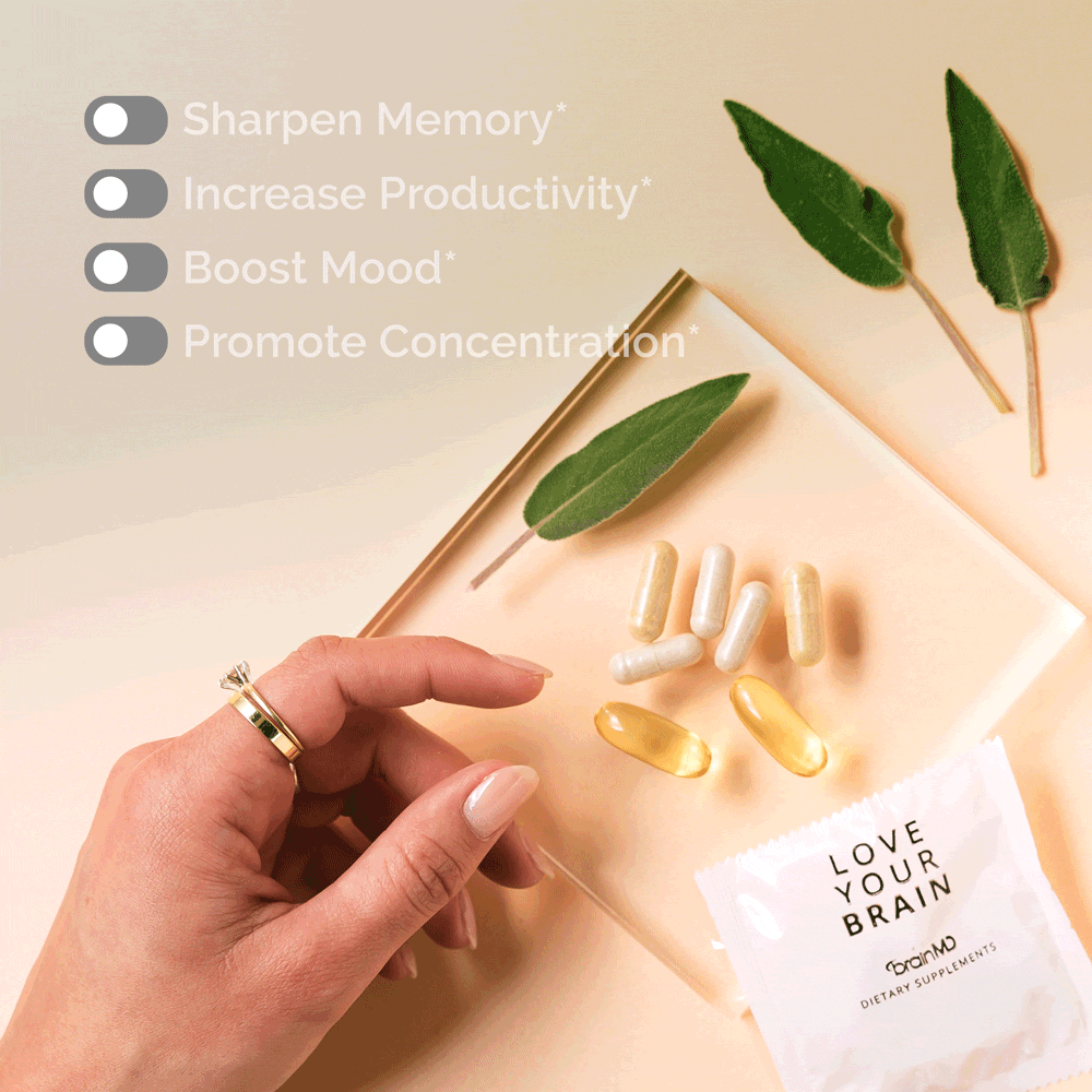 BrainMD Brain & Body Power MAX: animated infographic, woman reaching for supplements from a daily pack