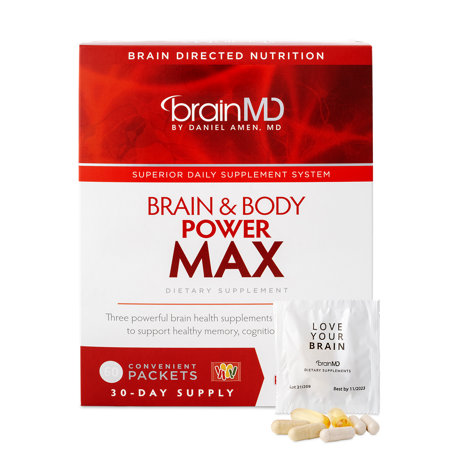BrainMD Brain & Body Power Max supplement packaging on a white background