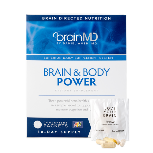 BrainMD supplement package for Brain & Body Power with blue and white design on a white background