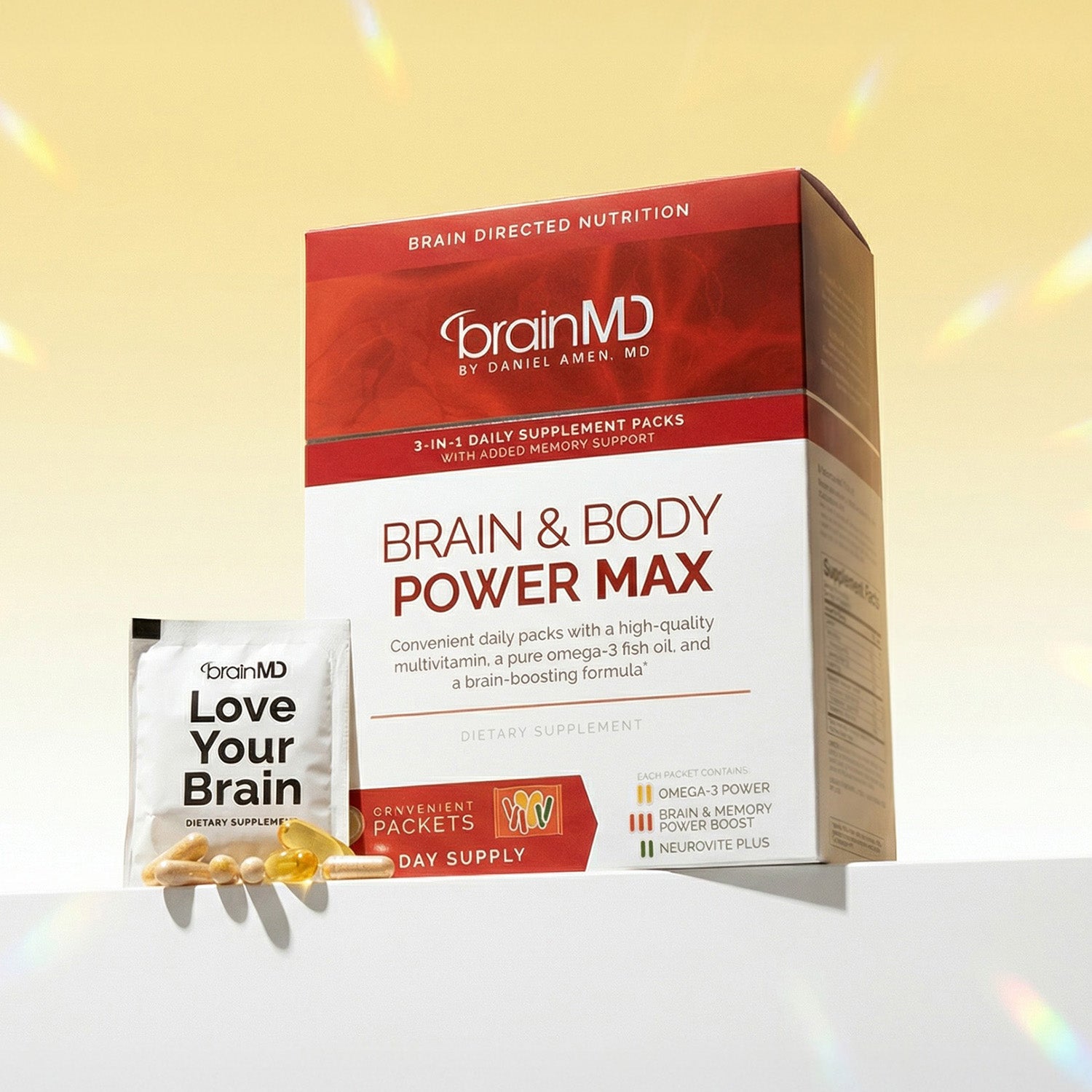 brainMD Brain & Body Power Max supplement packaging on a light yellow background