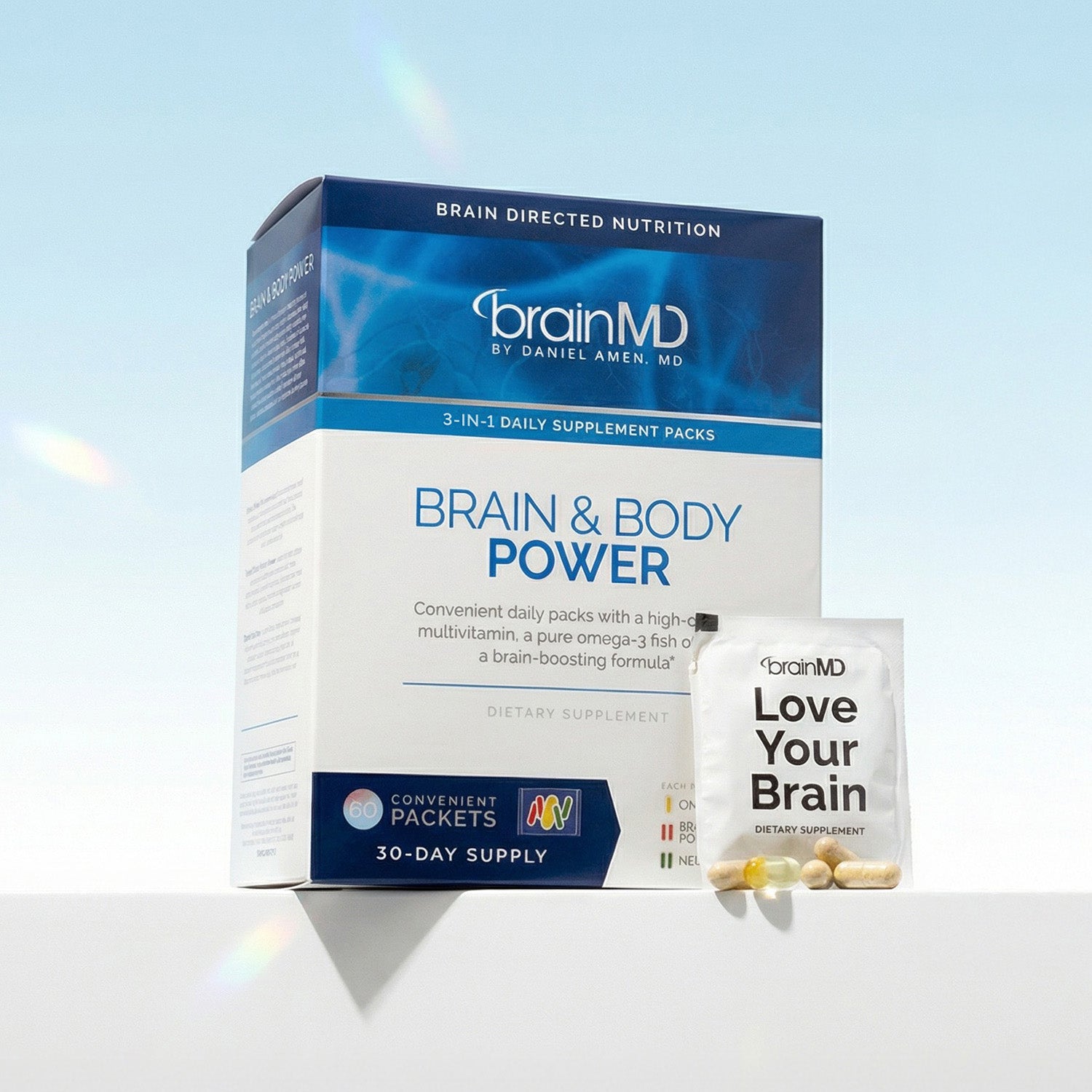 BrainMD's Brain & Body Power supplement packaging on a light blue background