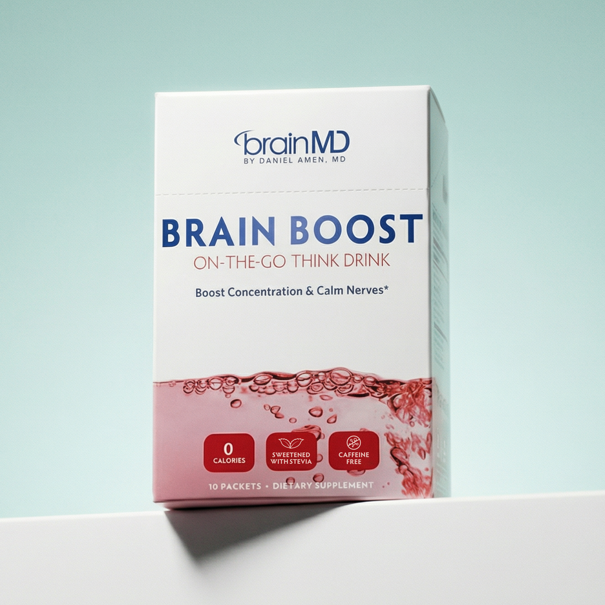 brainMD Brain Boost on-the-go think drink packaging on a light blue background