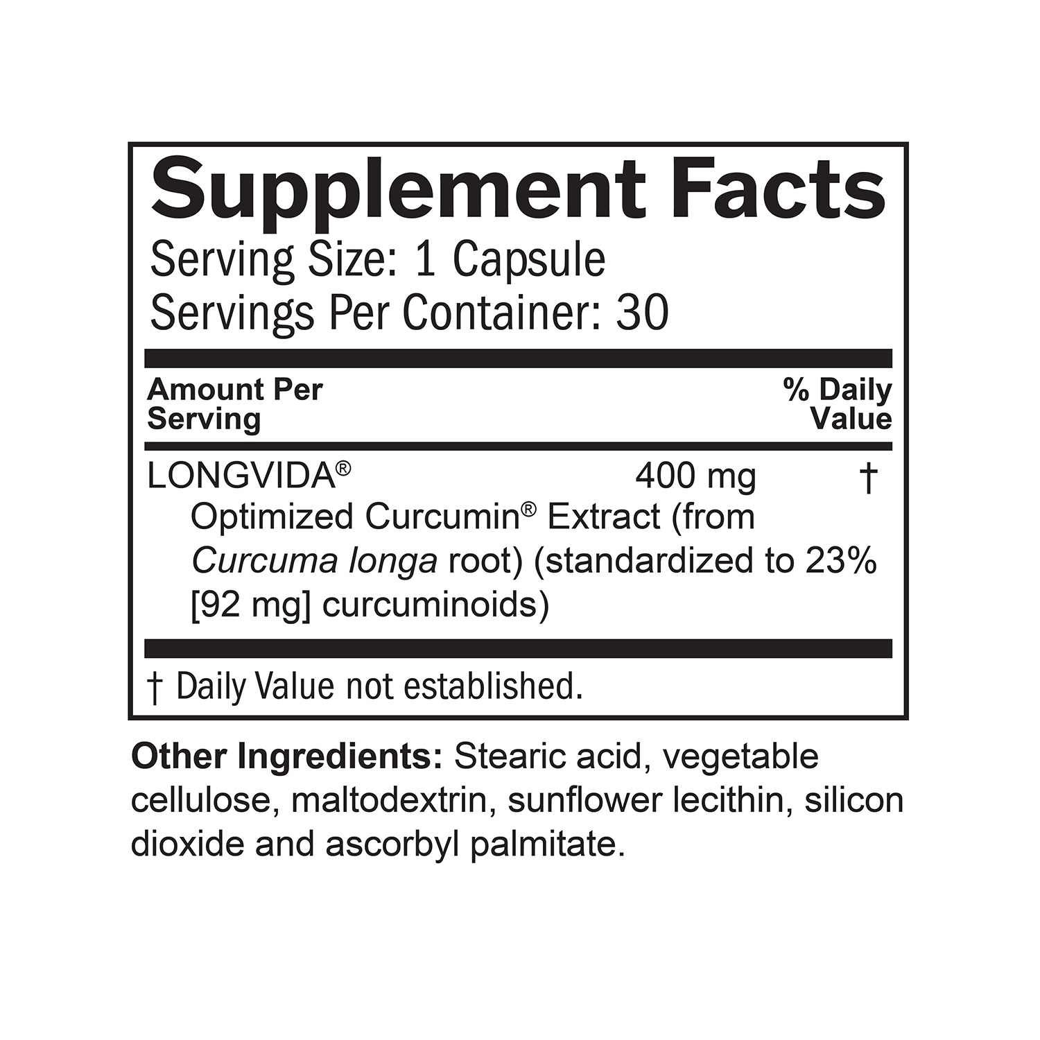Supplement facts label for LONGVIDA Optimized Curcumin Extract on a white background