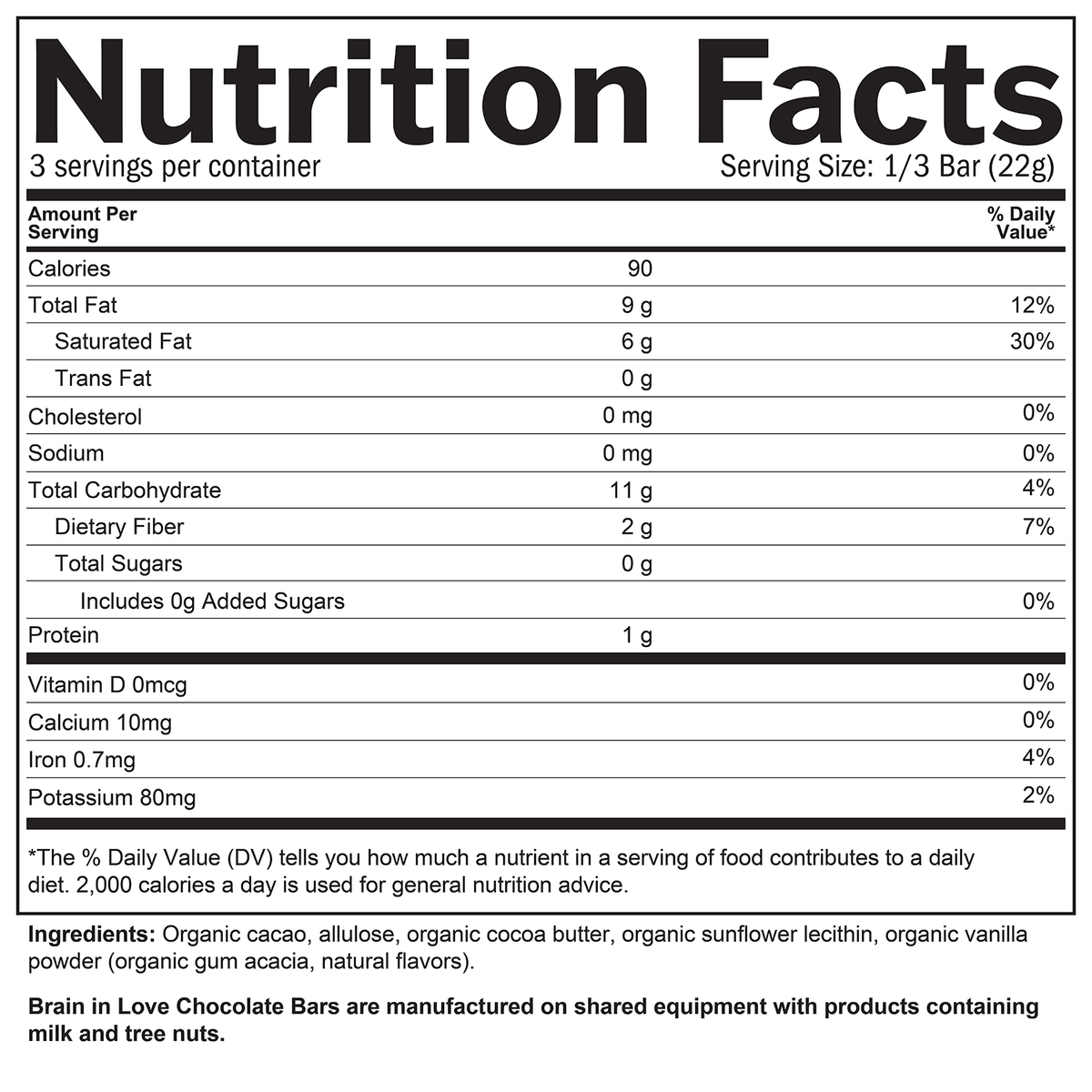 Brain in Love Chocolate Nutrition Facts panel and ingredients list