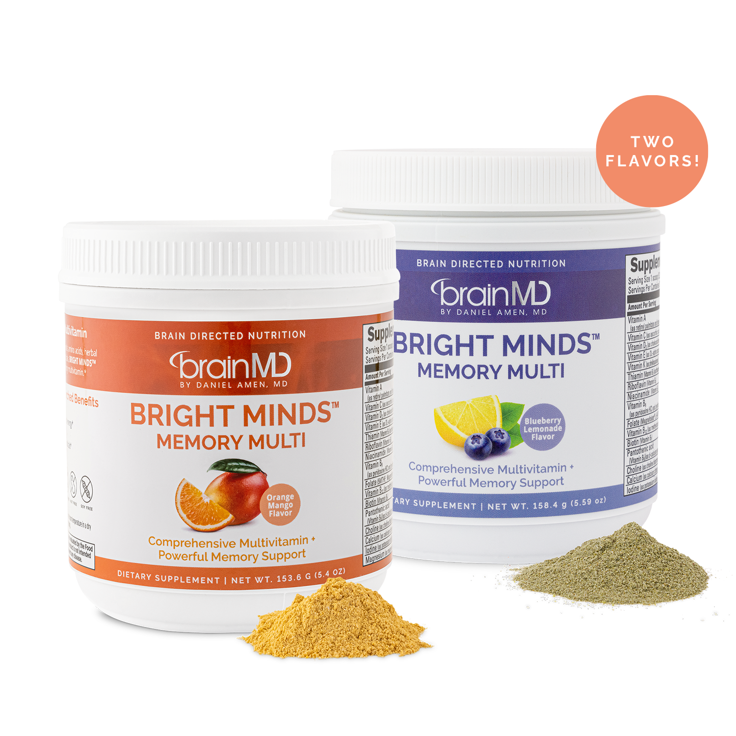 1 orange and 1 blue supplement tubs with mounds of powder at the base against a transparent background.