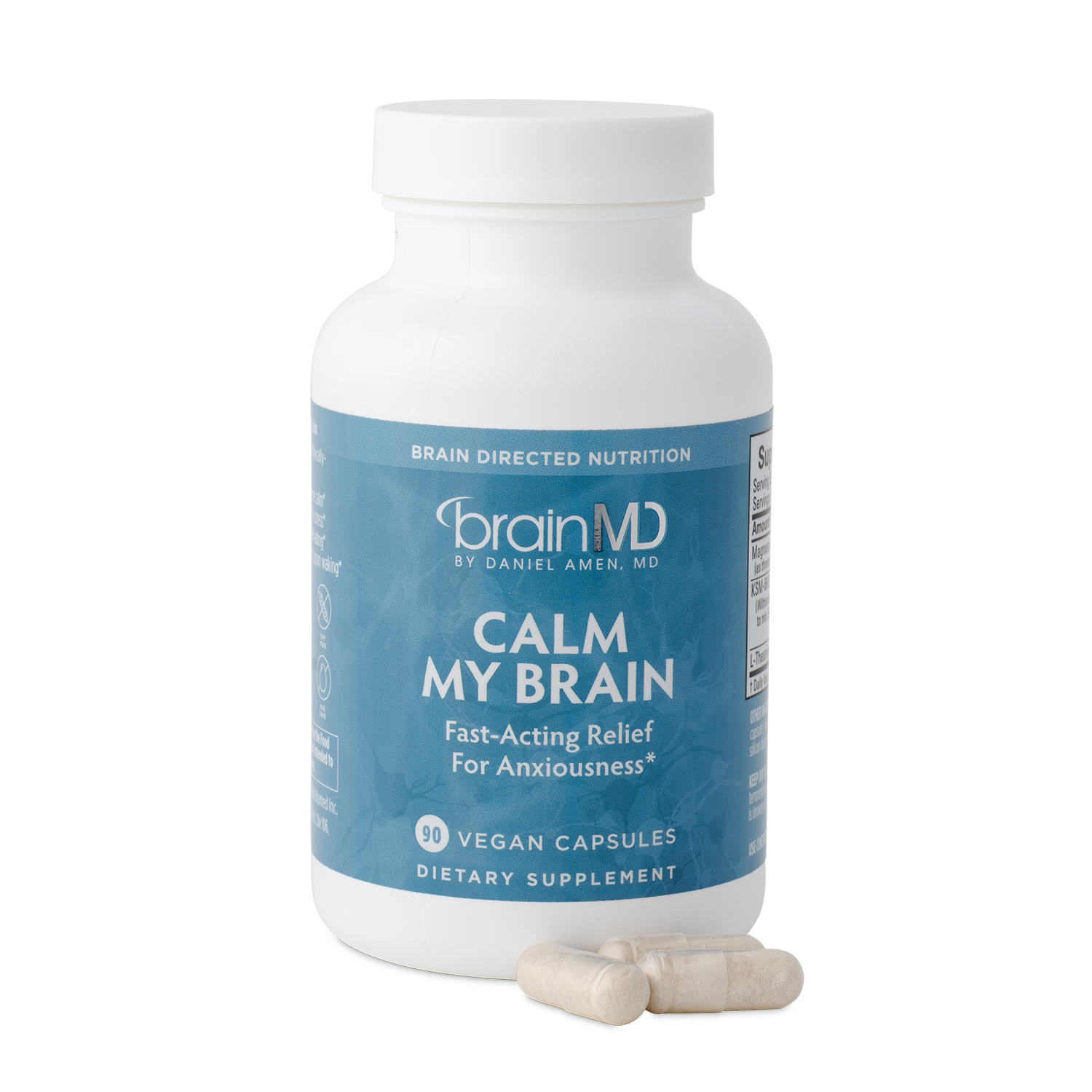 BrainMD Calm My Brain: image of a blue supplement bottle against a transparent background