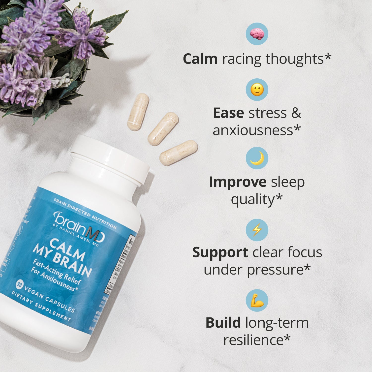 BrainMD Calm My Brain: infographic, blue supplement bottle and capsules next to brief phrases highlighting product benefits