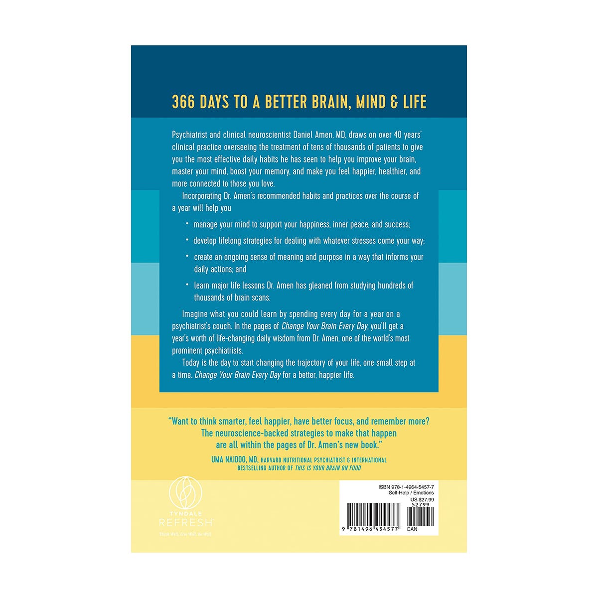 BrainMD Change Your Brain Every Day: back cover of Dr. Amen's blue and yellow colored book
