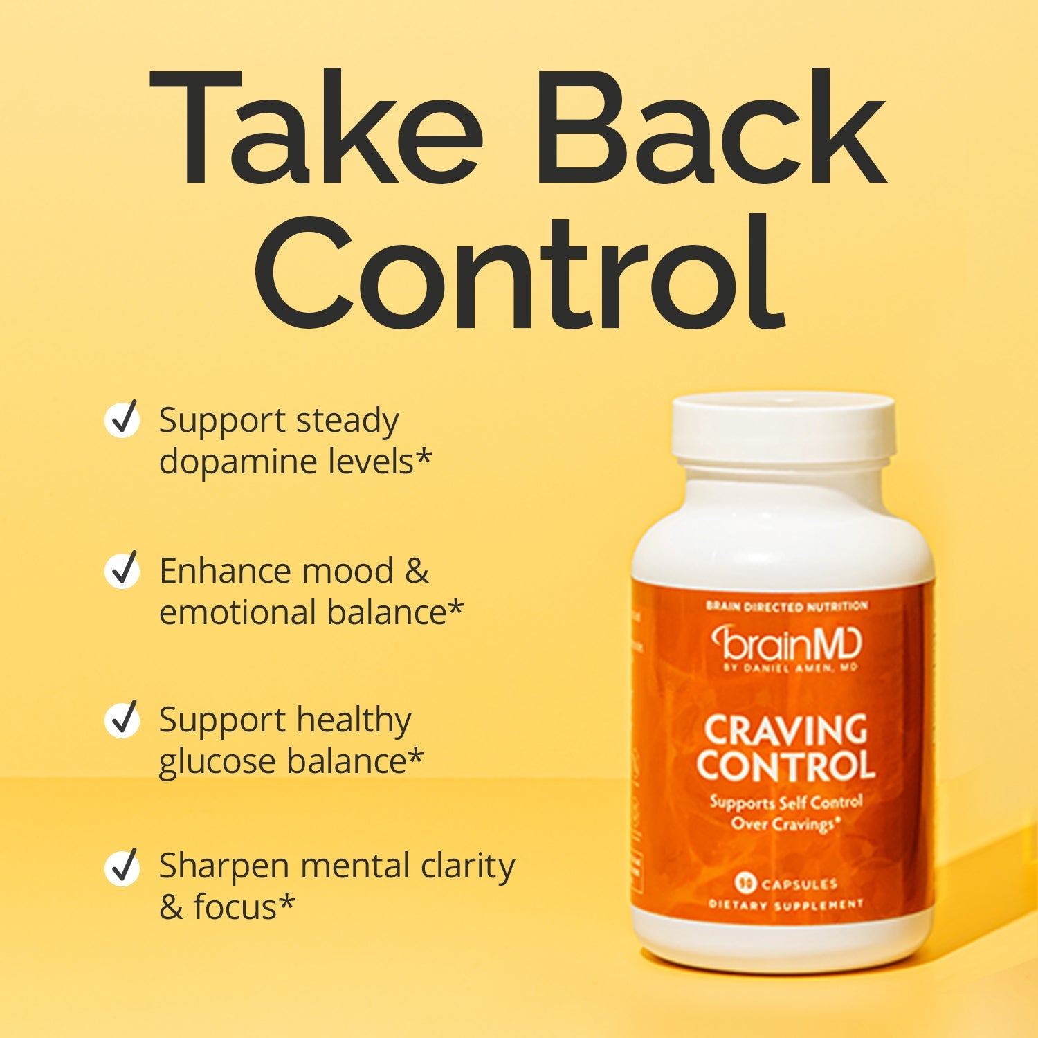 BrainMD Craving Control: infographic, orange supplement bottle next to brief phrases highlighting product benefits