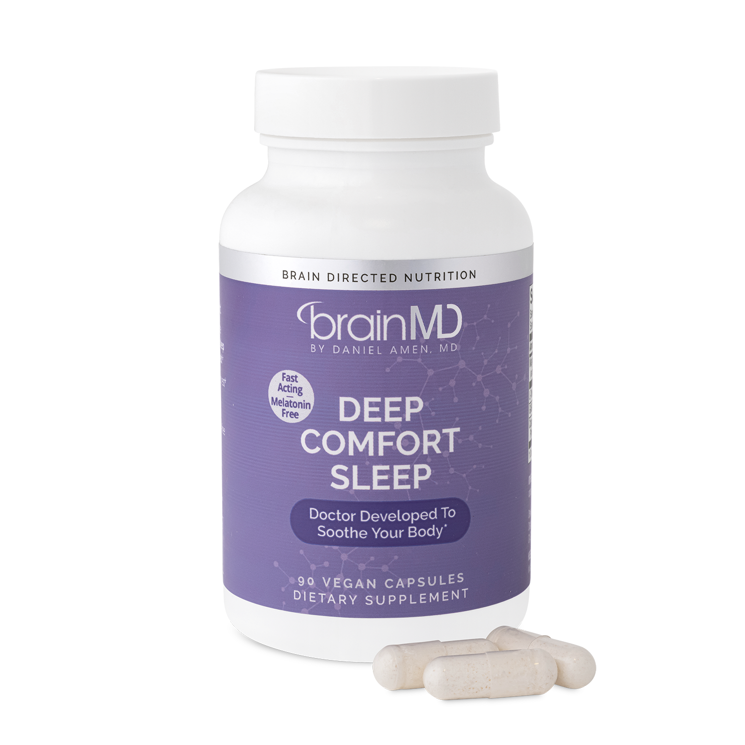 BrainMD Deep Comfort Sleep: purple supplement bottle with capsules at the base against a transparent background
