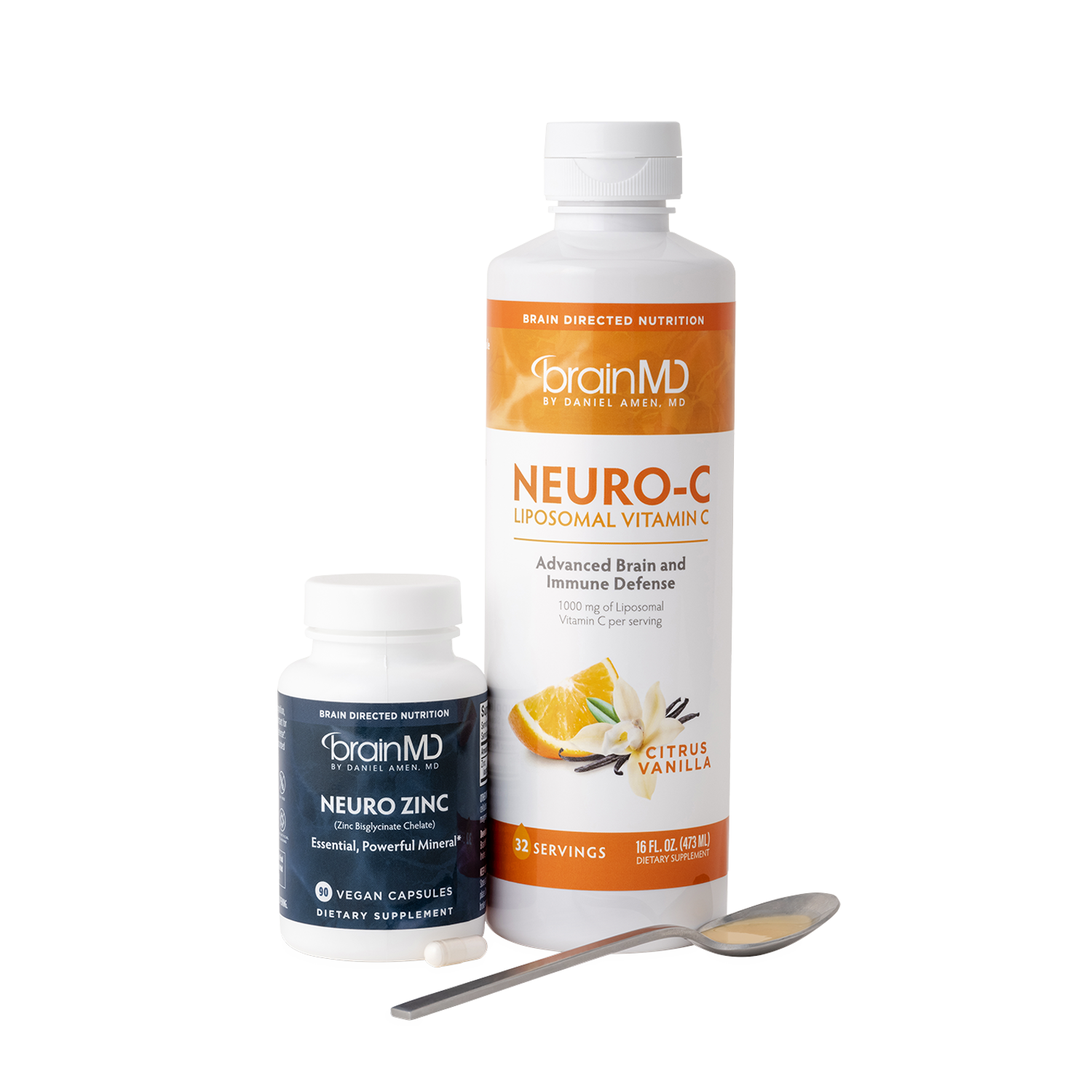 BrainMD Everyday Immunity Bundle: short gray bottle and tall orange & white bottle against a transparent background
