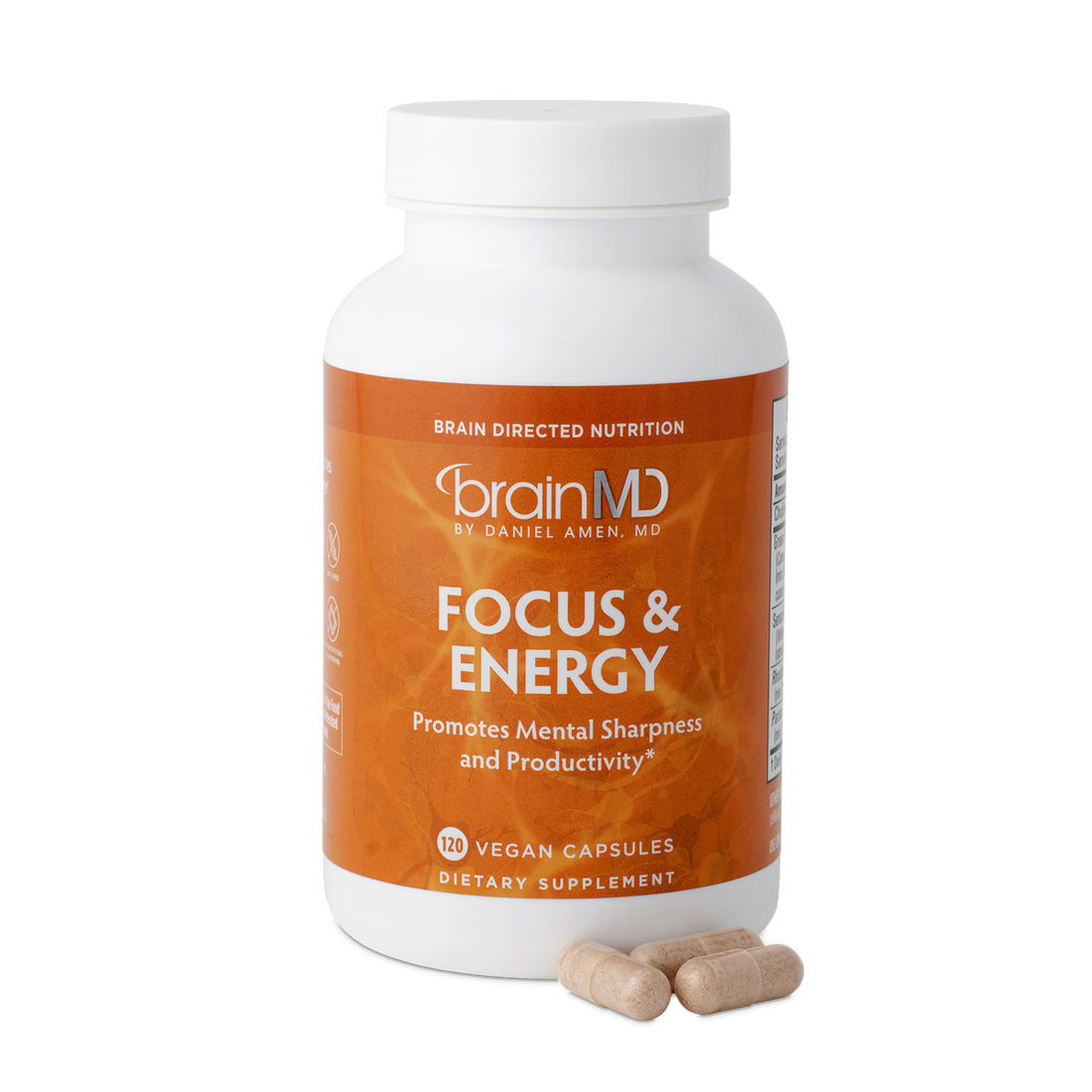 BrainMD Focus & Energy: front surface of orange supplement bottle and capsules against a transparent background