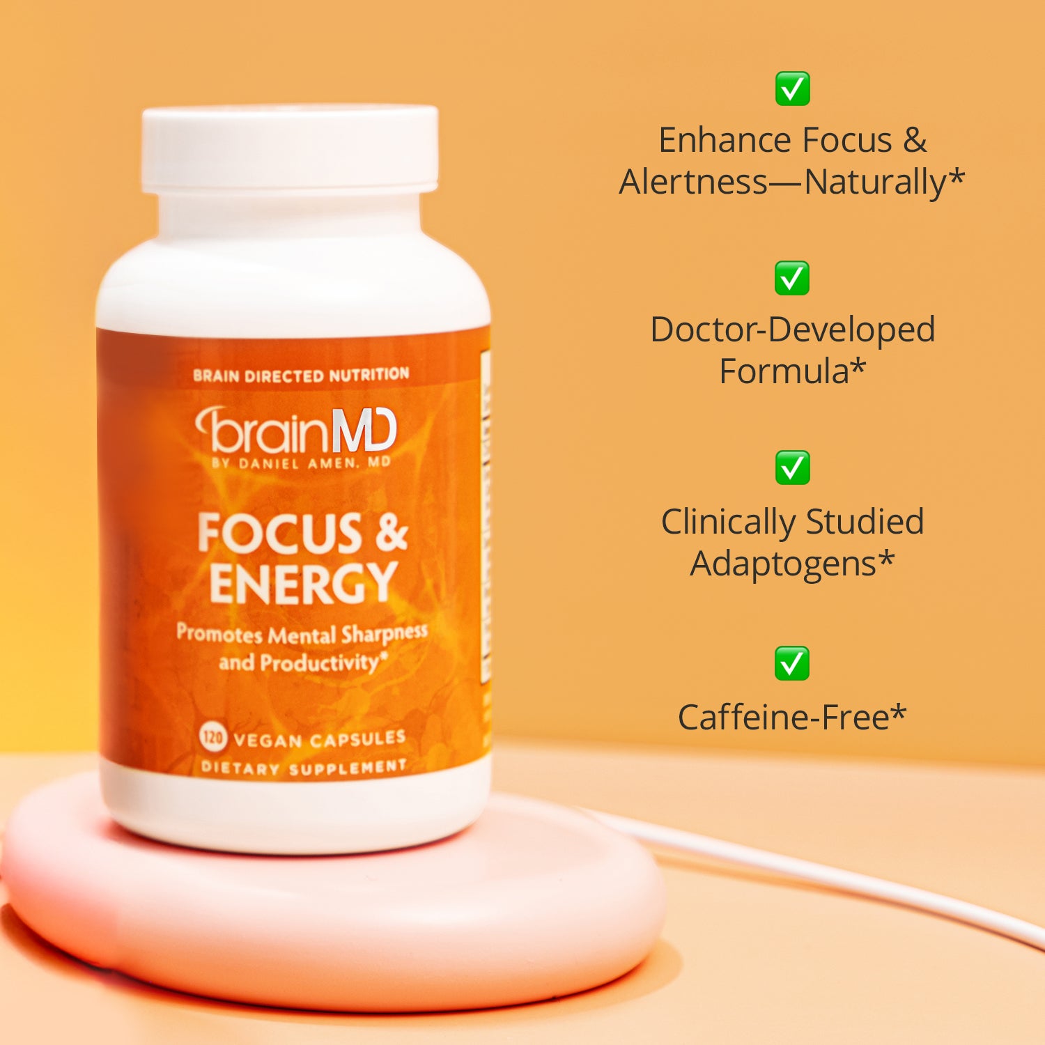 Infographic - orange supplement bottle on the left with benefits listed on the right.